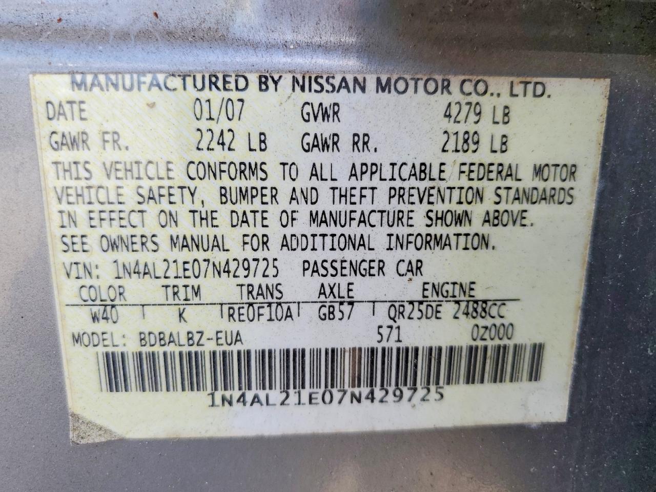 2007 Nissan Altima 2.5 Silver vin: 1N4AL21E07N429725