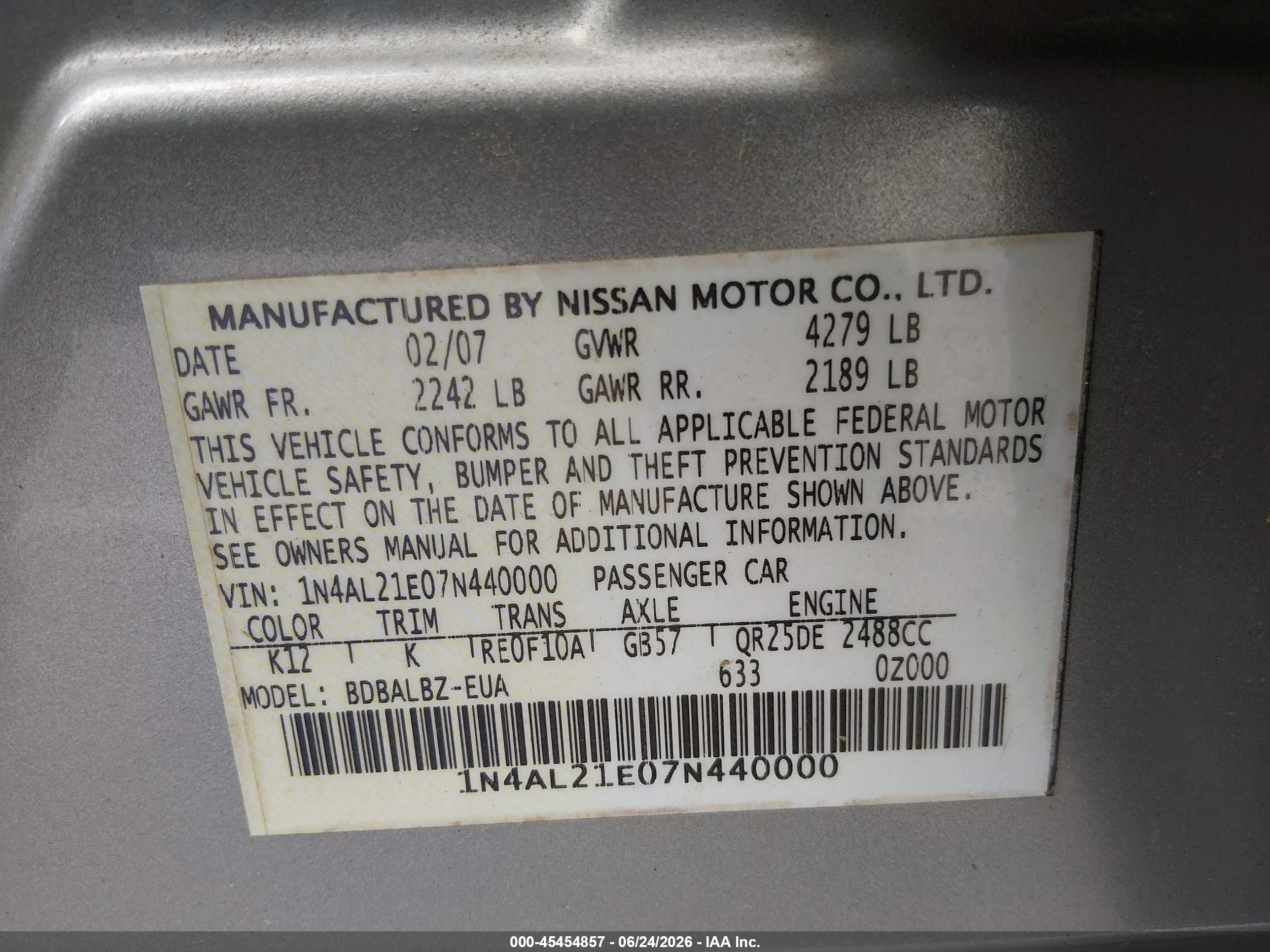 2007 Nissan Altima 2.5 S Silver vin: 1N4AL21E07N440000
