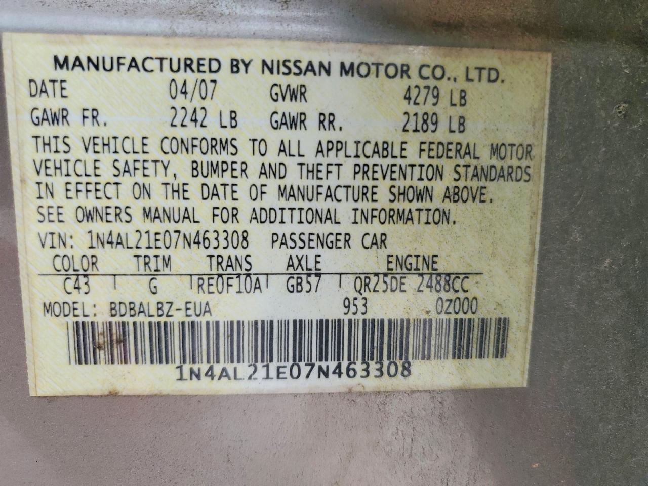 2007 Nissan Altima 2.5 Gold vin: 1N4AL21E07N463308