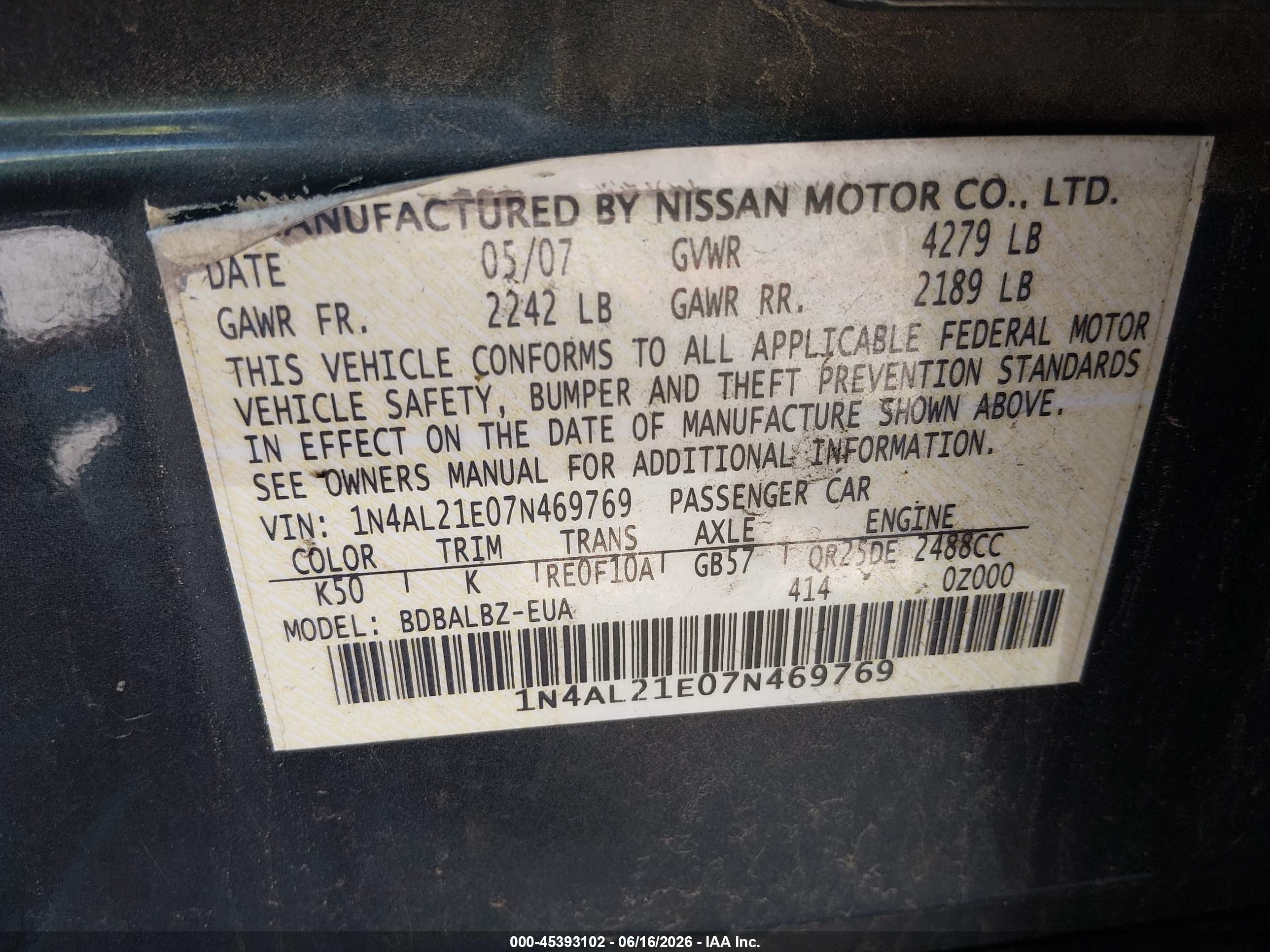 2007 Nissan Altima 2.5 S Gray vin: 1N4AL21E07N469769