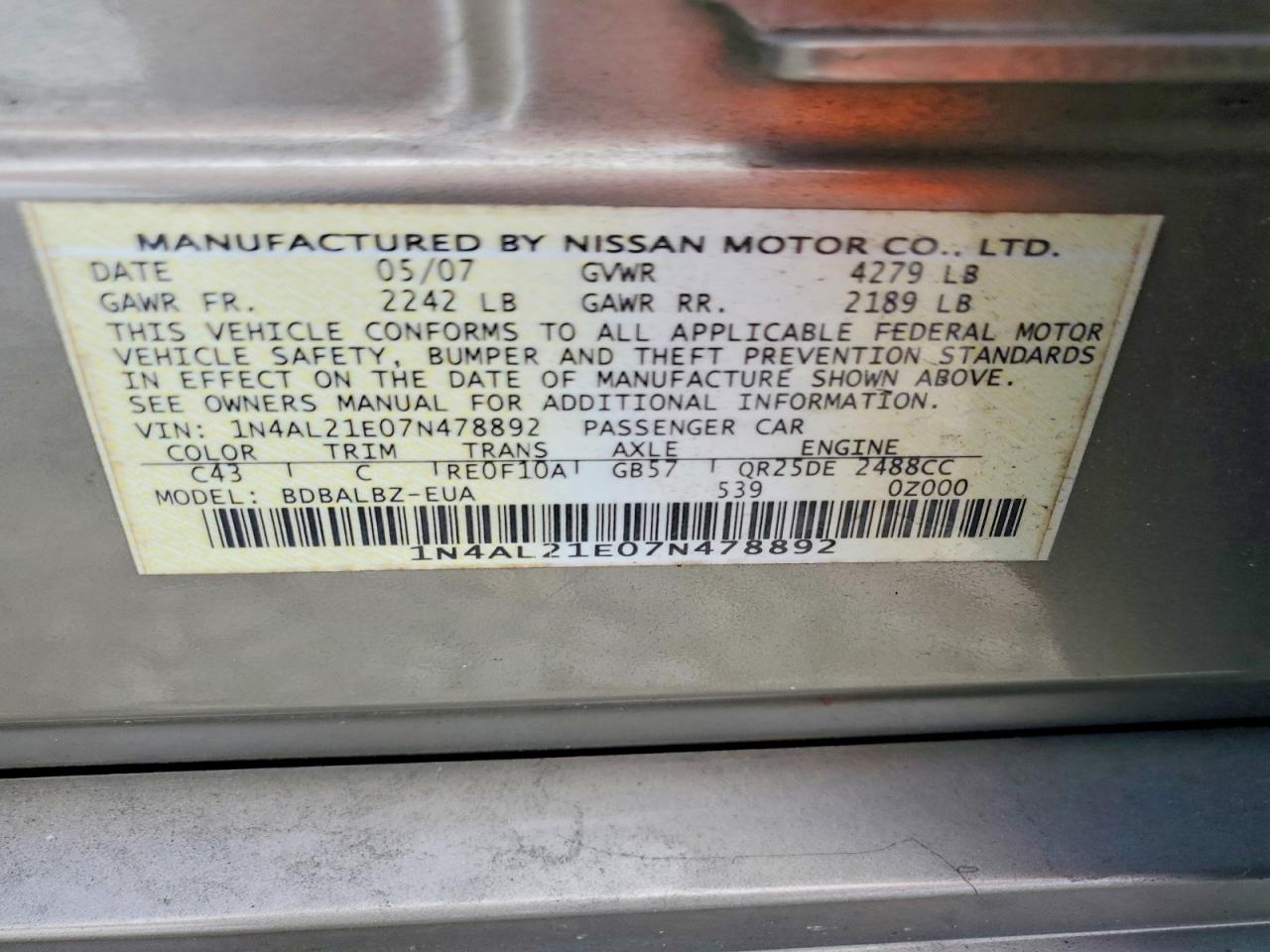 2007 Nissan Altima 2.5 Tan vin: 1N4AL21E07N478892