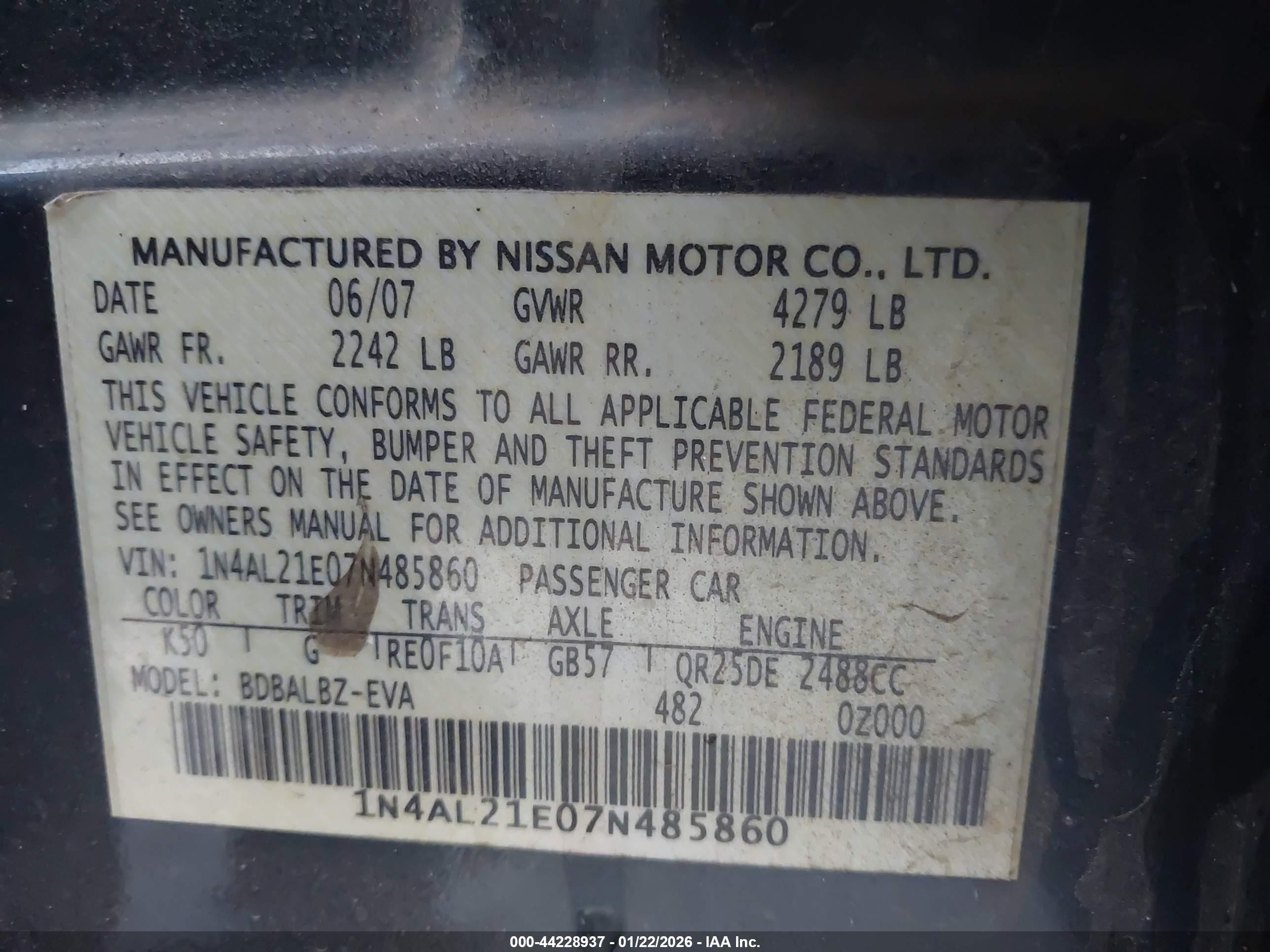 2007 Nissan Altima 2.5 S Gray vin: 1N4AL21E07N485860