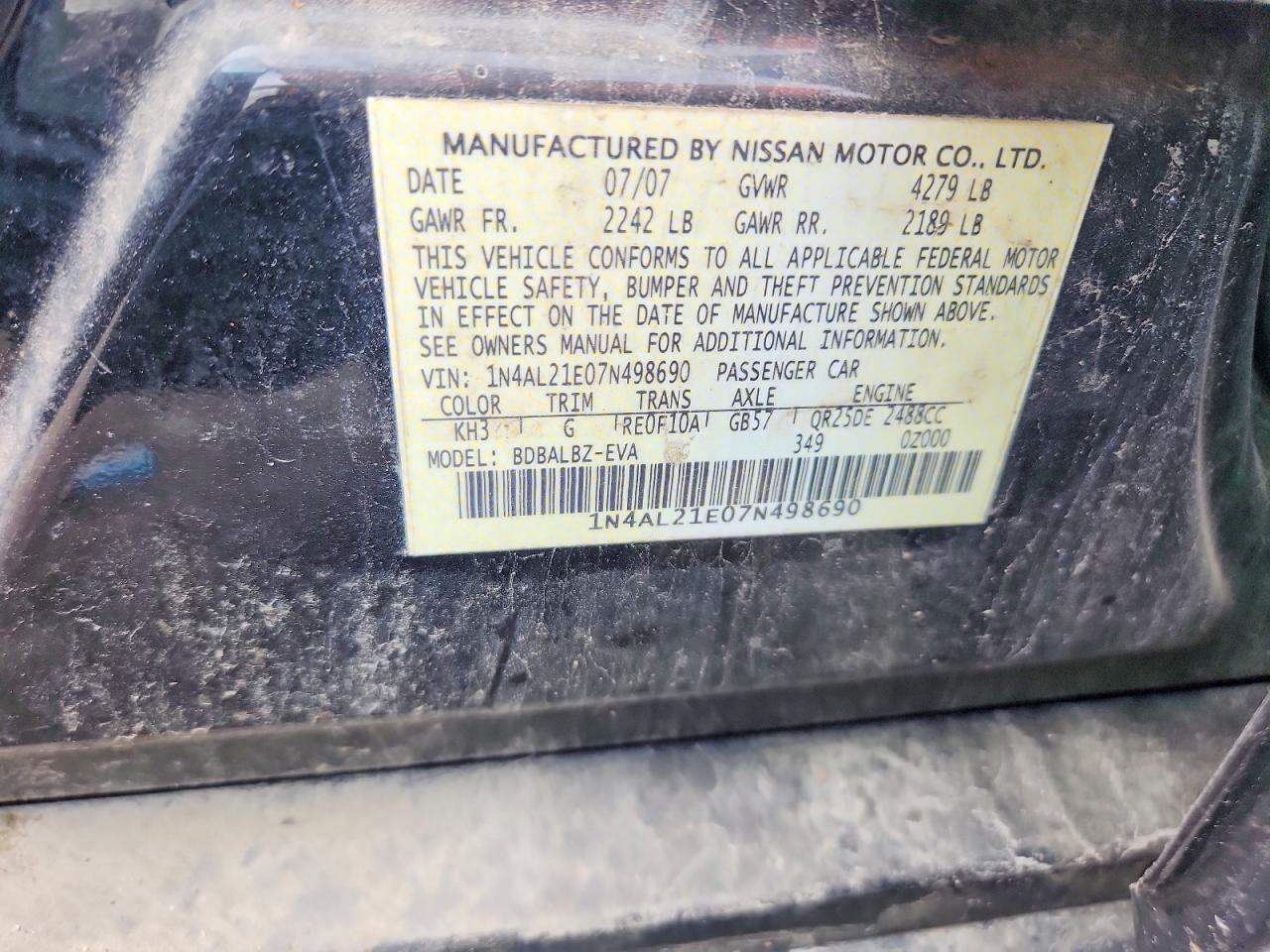 2007 Nissan Altima 2.5 Black vin: 1N4AL21E07N498690