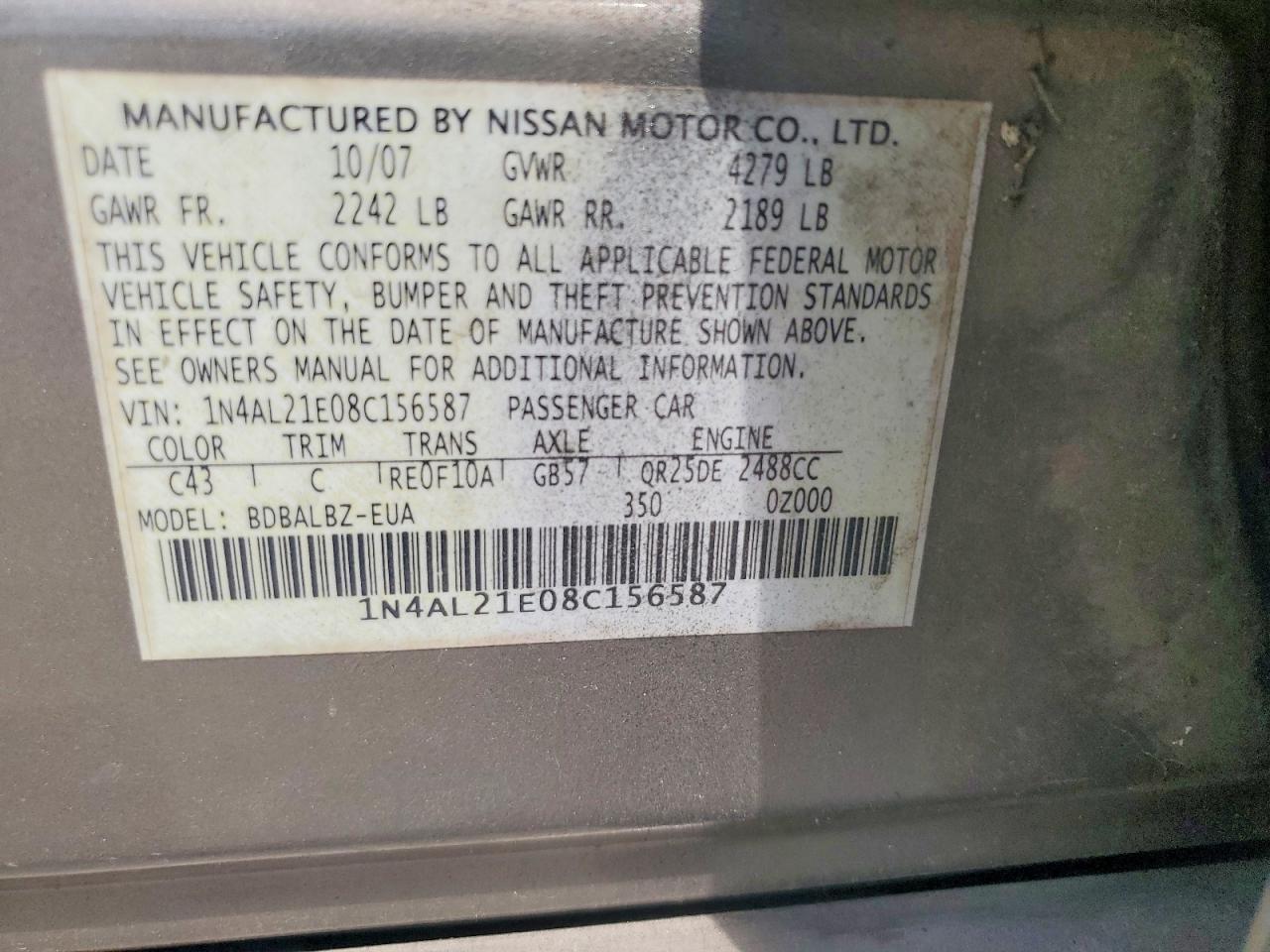2008 Nissan Altima 2.5 Угольный vin: 1N4AL21E08C156587