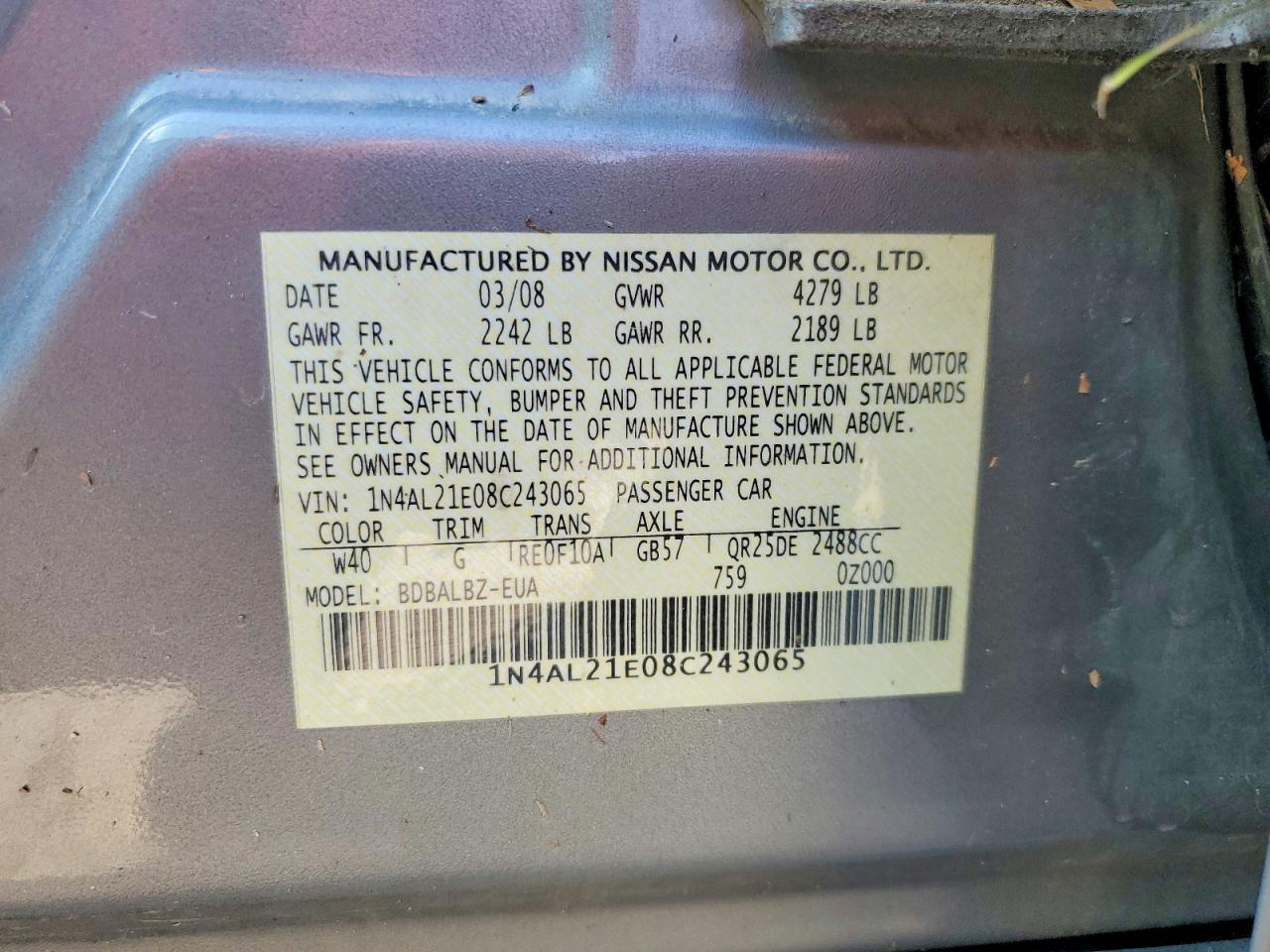 2008 Nissan Altima 2.5 Gray vin: 1N4AL21E08C243065