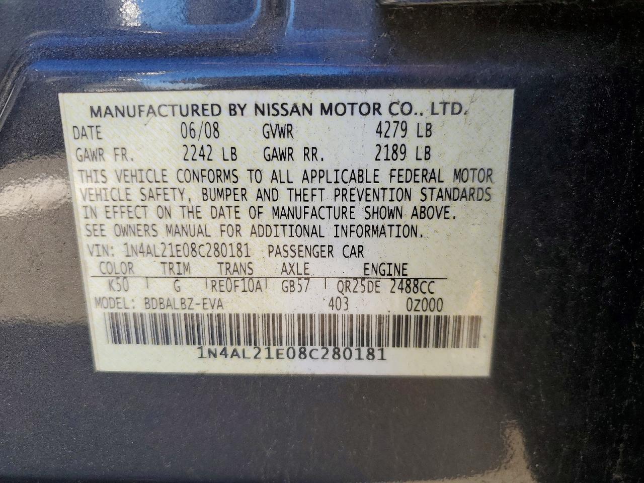 2008 Nissan Altima 2.5 Gray vin: 1N4AL21E08C280181