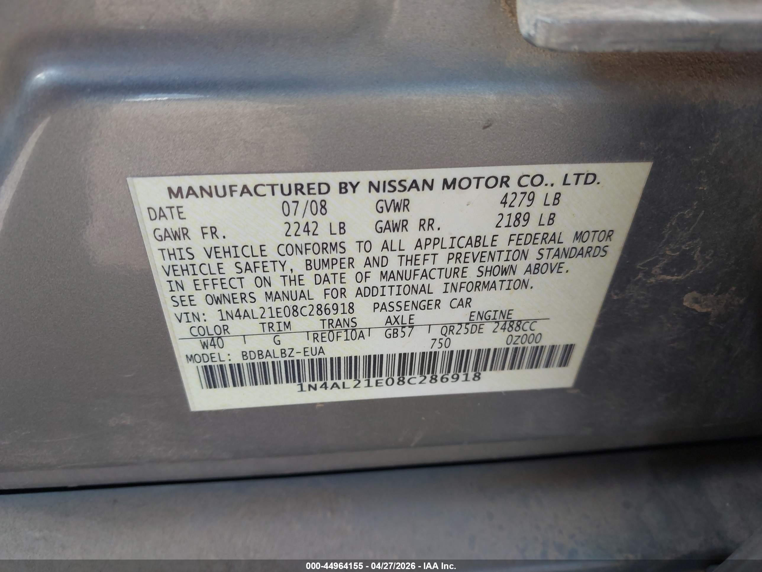 2008 Nissan Altima 2.5 S Gray vin: 1N4AL21E08C286918