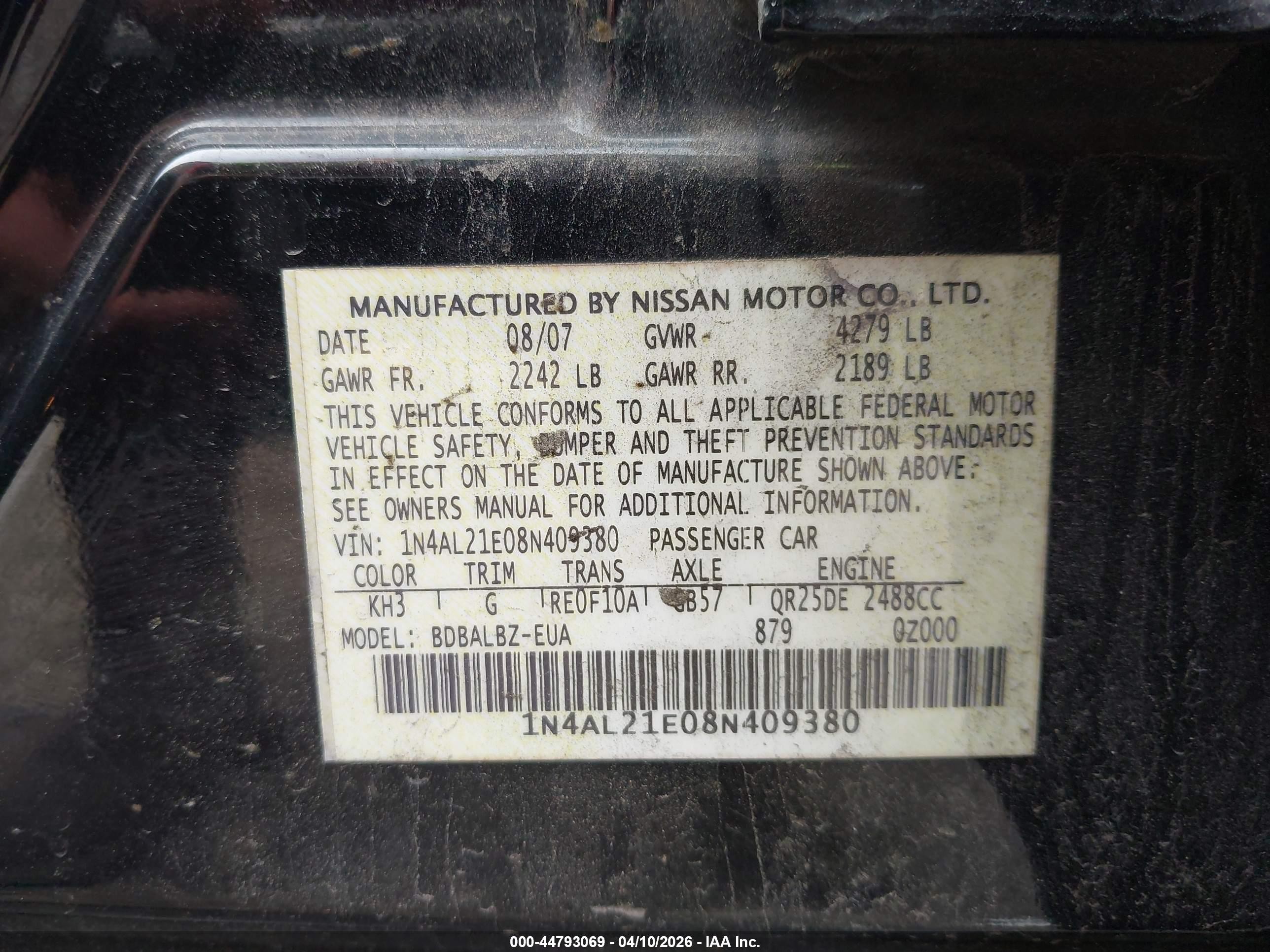 2008 Nissan Altima 2.5 S Черный vin: 1N4AL21E08N409380