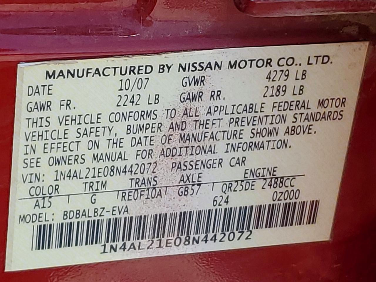 2008 Nissan Altima 2.5 Red vin: 1N4AL21E08N442072