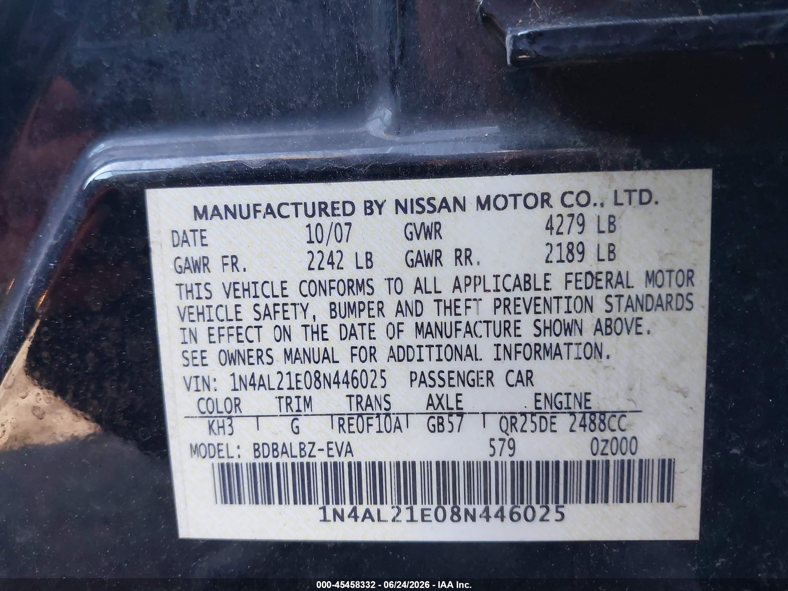 2008 Nissan Altima 2.5 S Black vin: 1N4AL21E08N446025