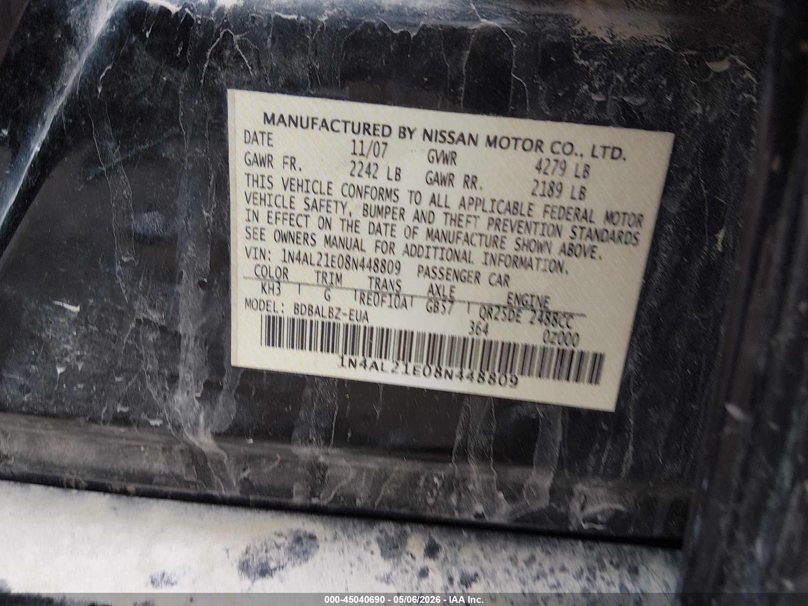 2008 Nissan Altima 2.5 S Черный vin: 1N4AL21E08N448809