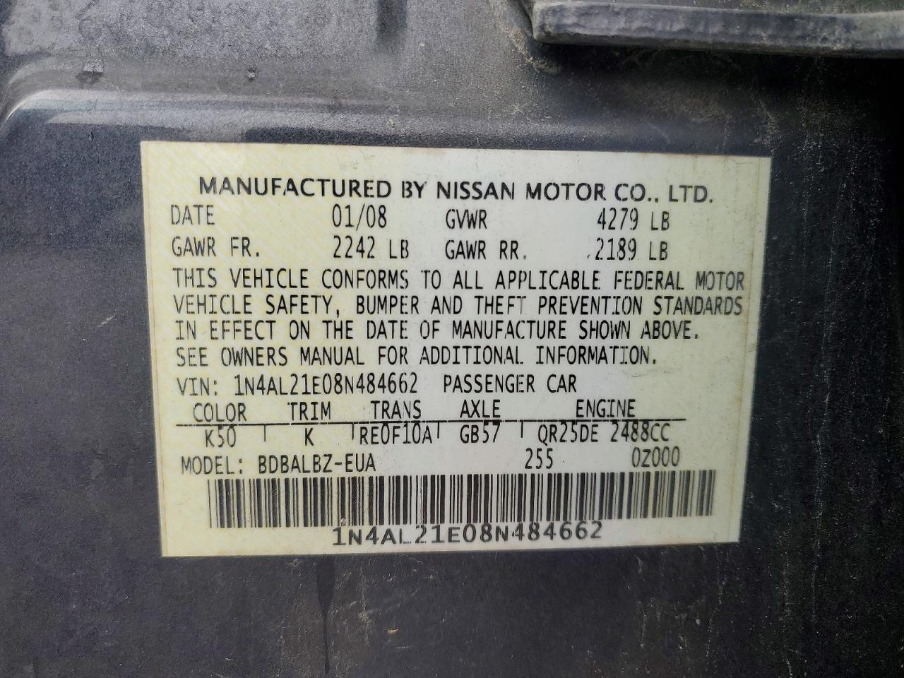 2008 Nissan Altima 2.5 Gray vin: 1N4AL21E08N484662