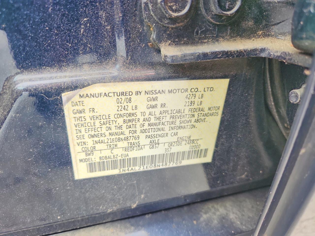 2008 Nissan Altima 2.5 Blue vin: 1N4AL21E08N487769