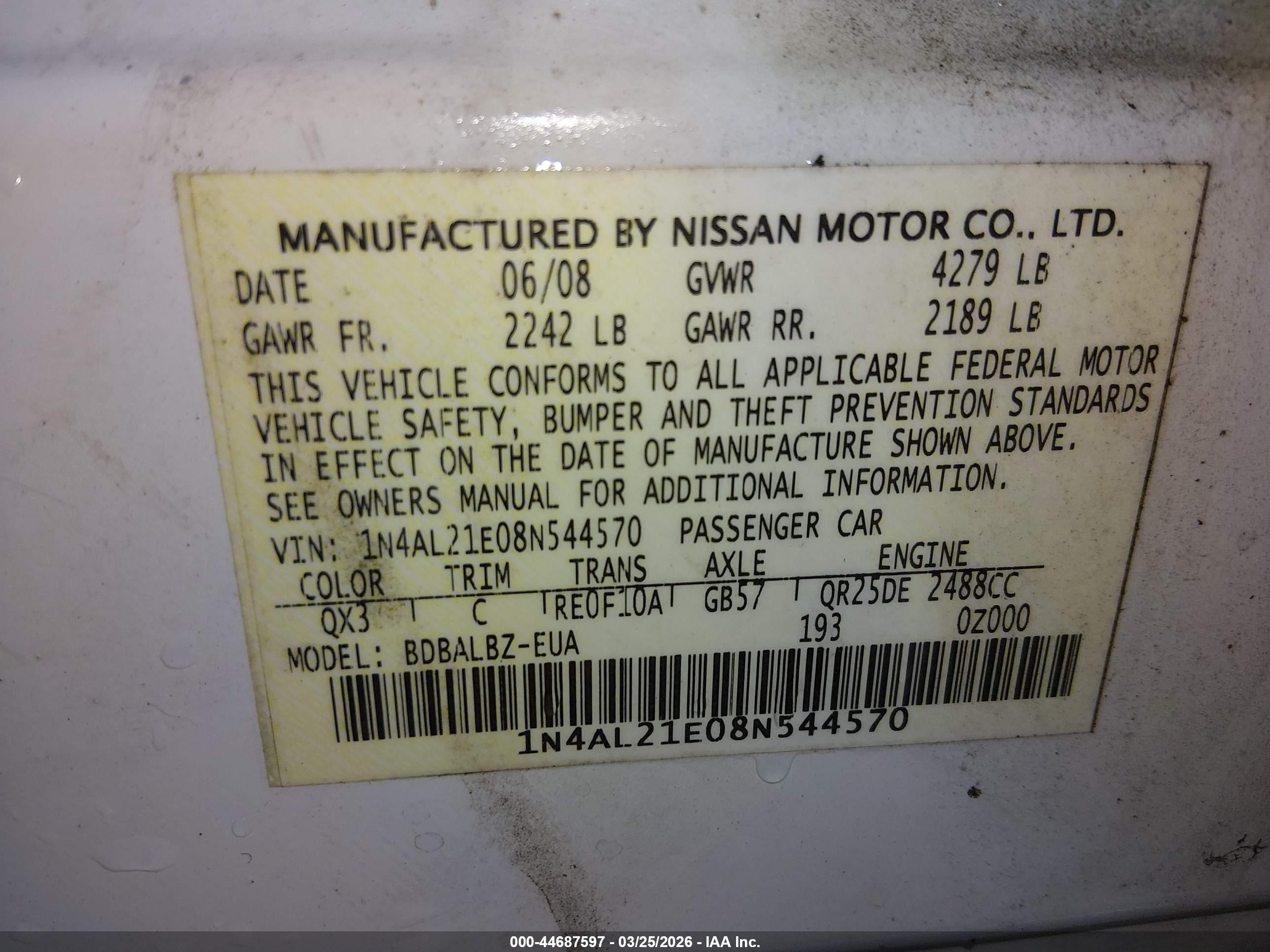 2008 Nissan Altima 2.5 S Белый vin: 1N4AL21E08N544570