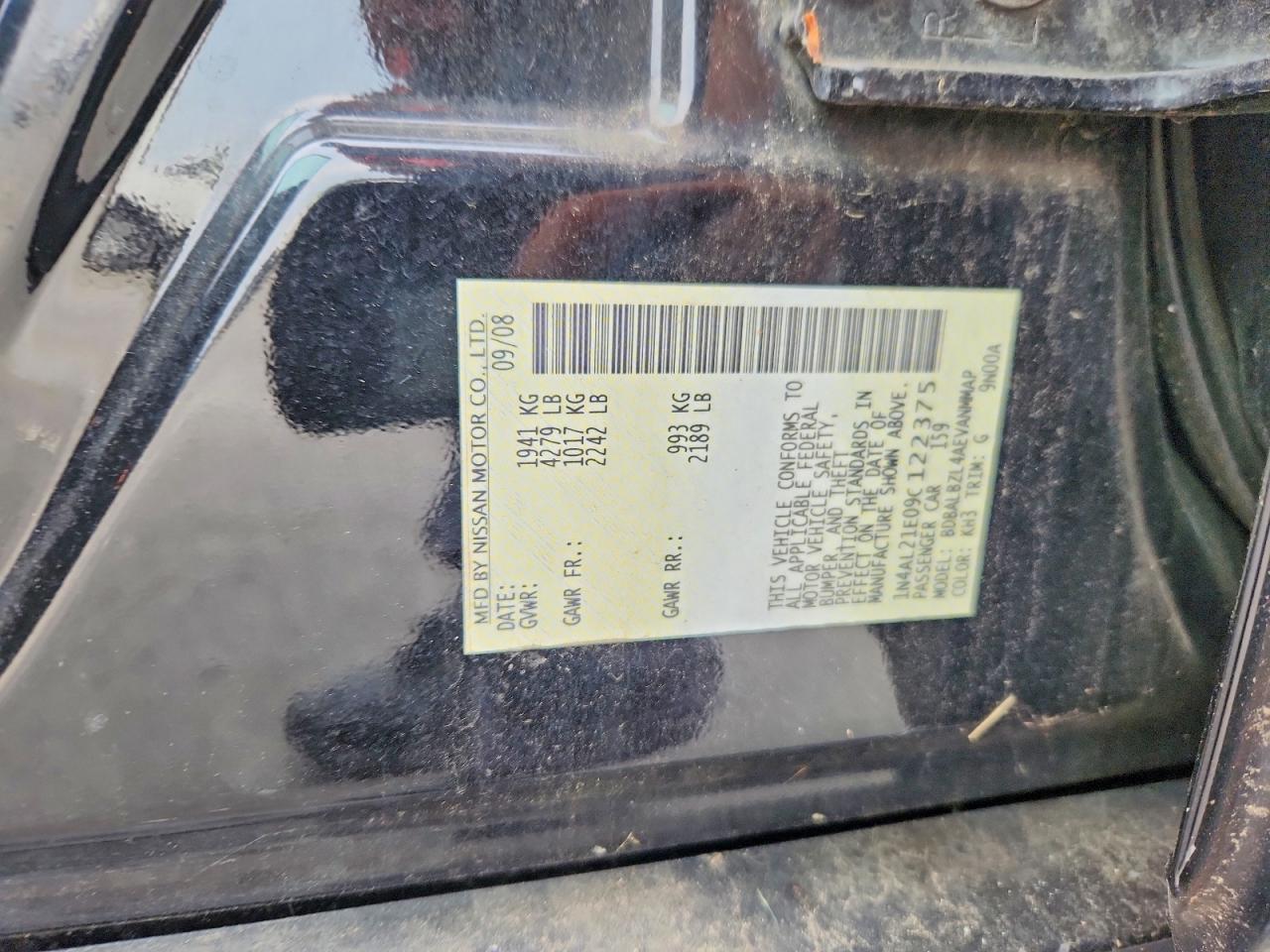 2009 Nissan Altima 2.5 Black vin: 1N4AL21E09C122375