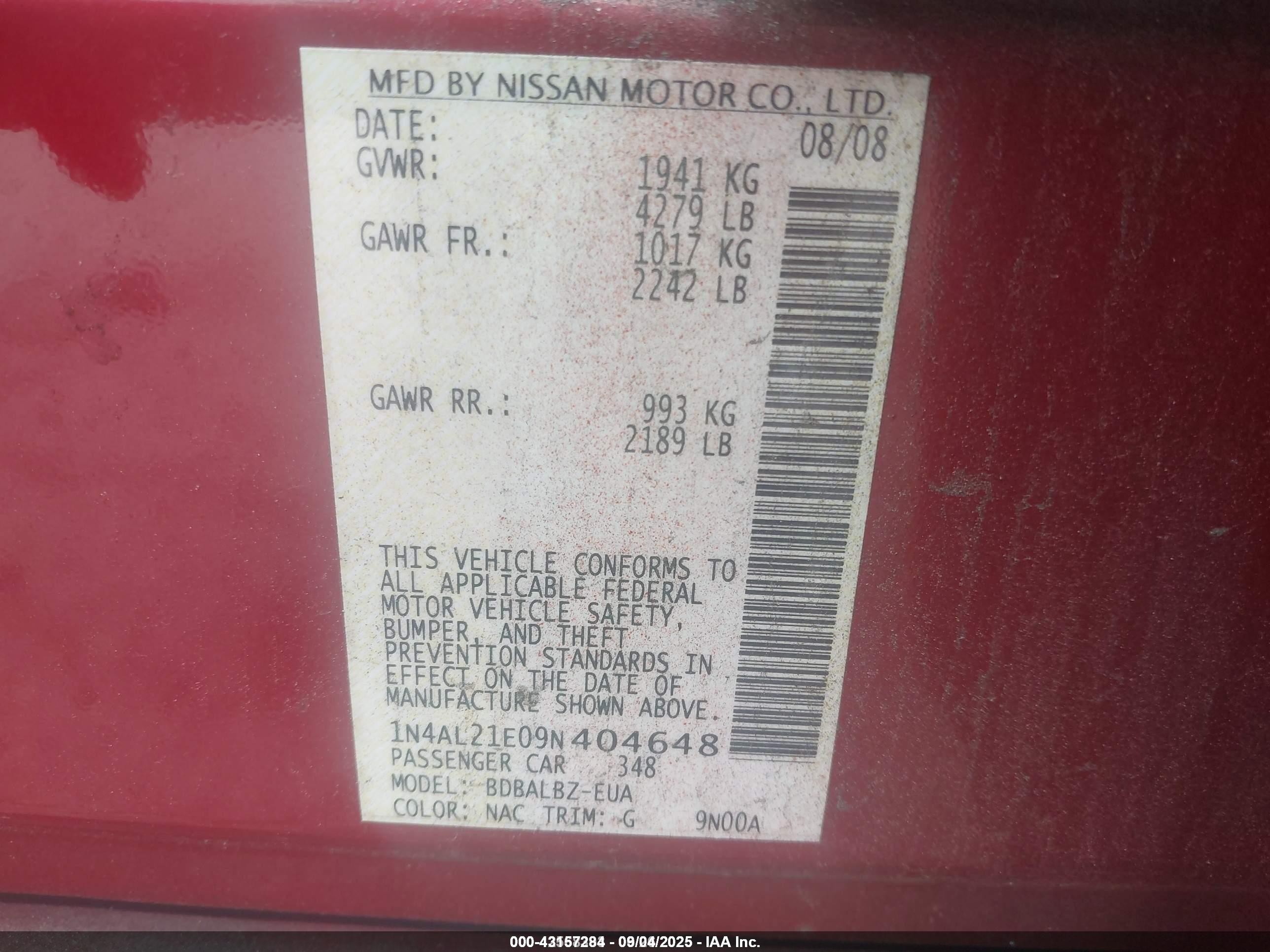 2009 Nissan Altima 2.5 S Red vin: 1N4AL21E09N404648