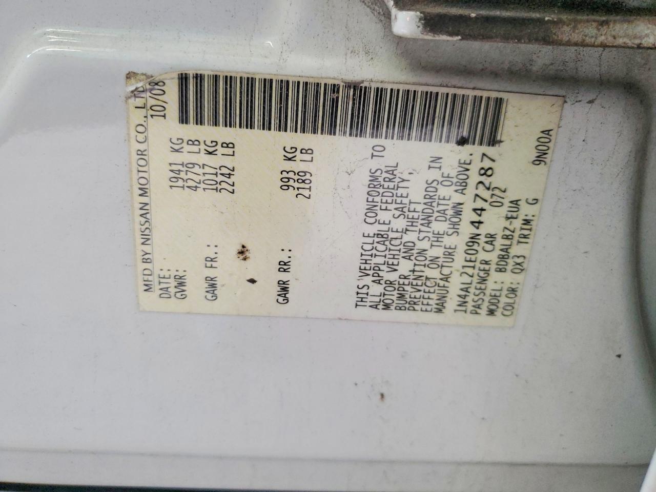 2009 Nissan Altima 2.5 White vin: 1N4AL21E09N447287