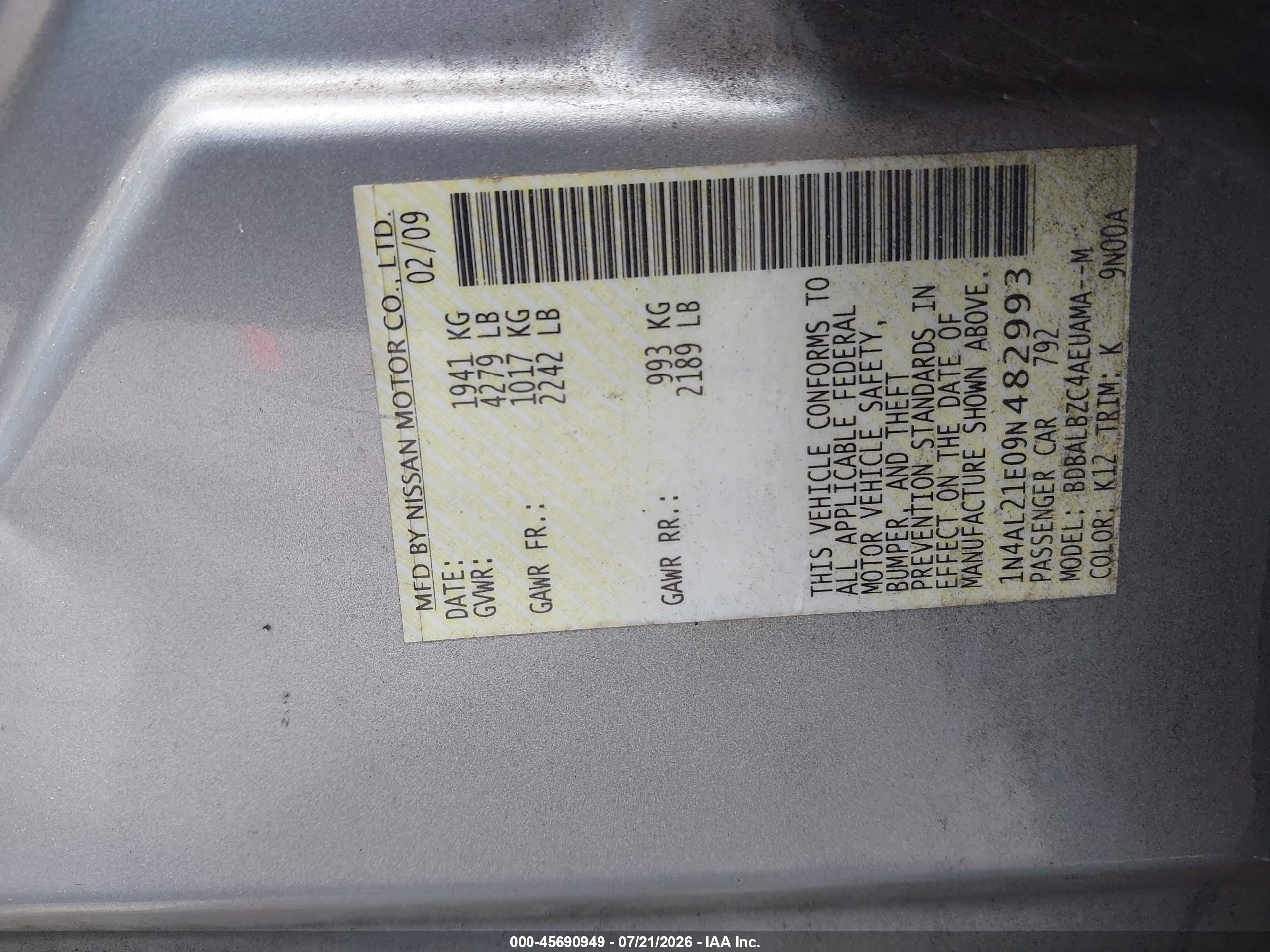 2009 Nissan Altima 2.5 S Silver vin: 1N4AL21E09N482993