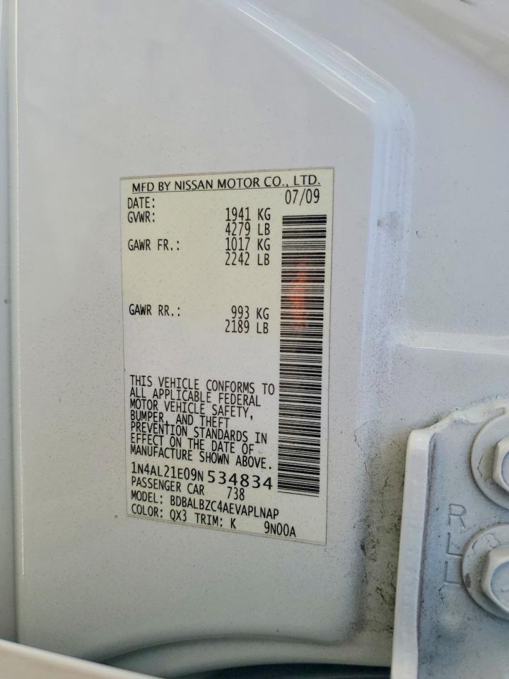 2009 Nissan Altima 2.5 Белый vin: 1N4AL21E09N534834
