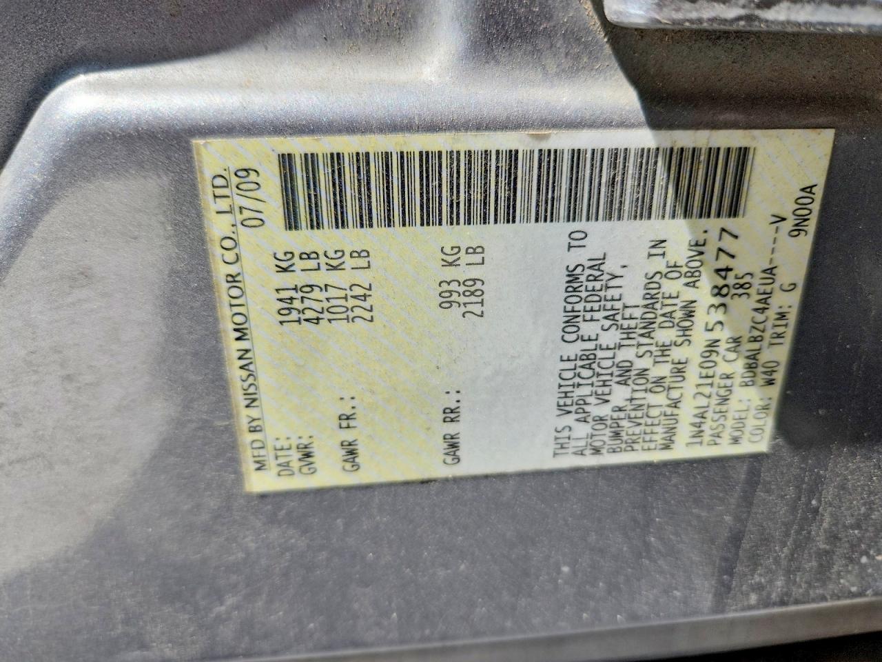 2009 Nissan Altima 2.5 Silver vin: 1N4AL21E09N538477