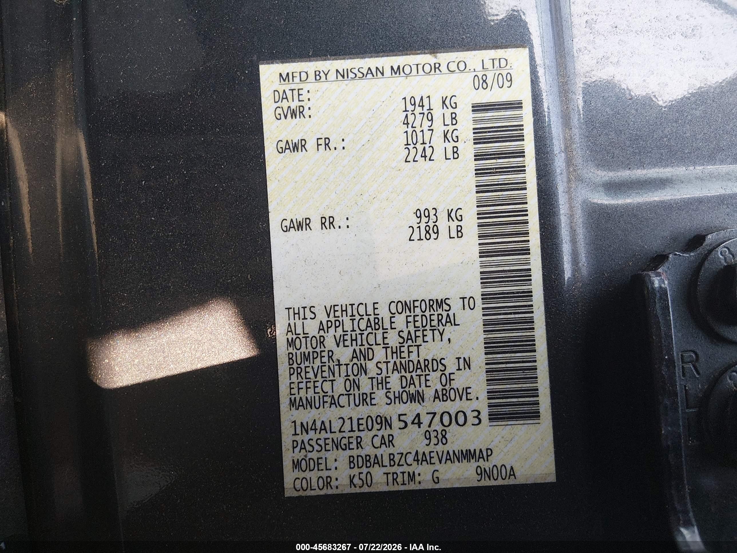 2009 Nissan Altima 2.5 S Gray vin: 1N4AL21E09N547003