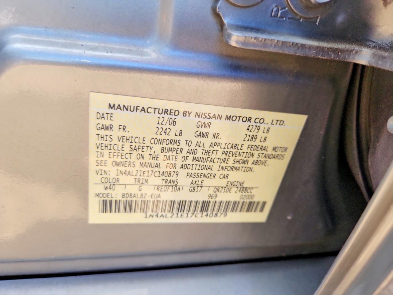 2007 Nissan Altima 2.5 Silver vin: 1N4AL21E17C140879