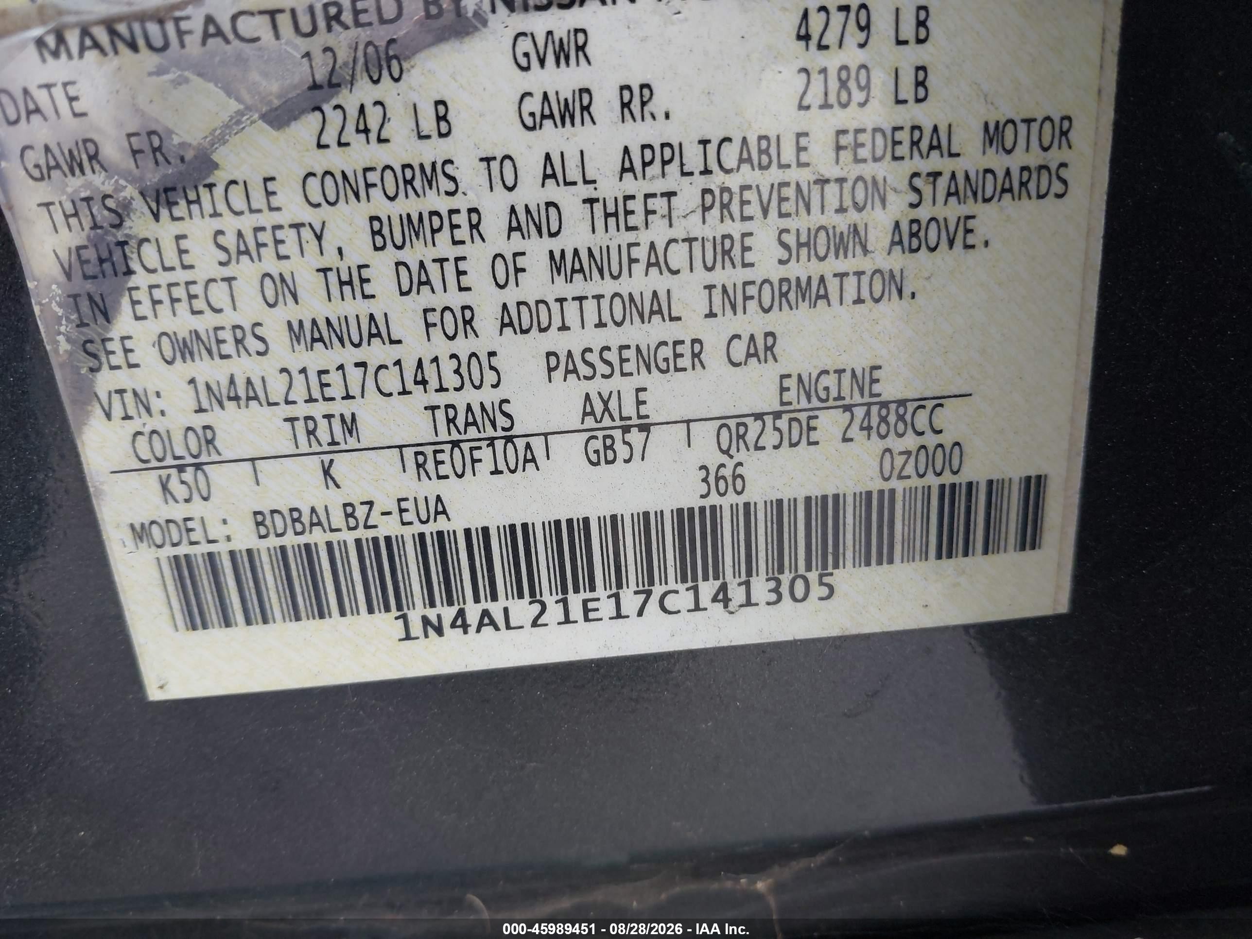 2007 Nissan Altima 2.5 S Gray vin: 1N4AL21E17C141305