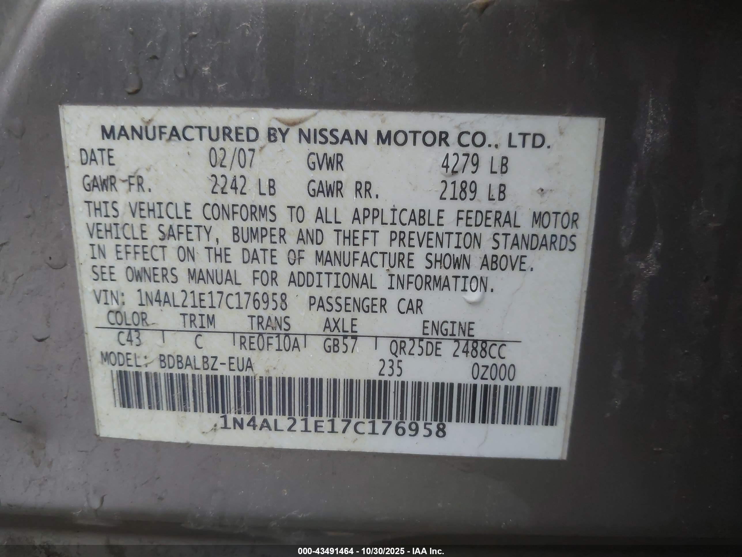 2007 Nissan Altima 2.5 S Gold vin: 1N4AL21E17C176958