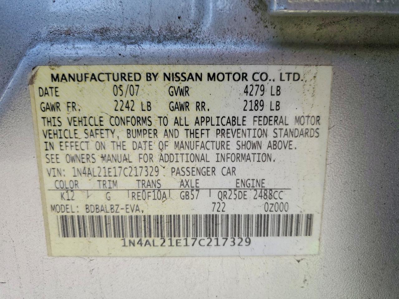 2007 Nissan Altima 2.5 Silver vin: 1N4AL21E17C217329