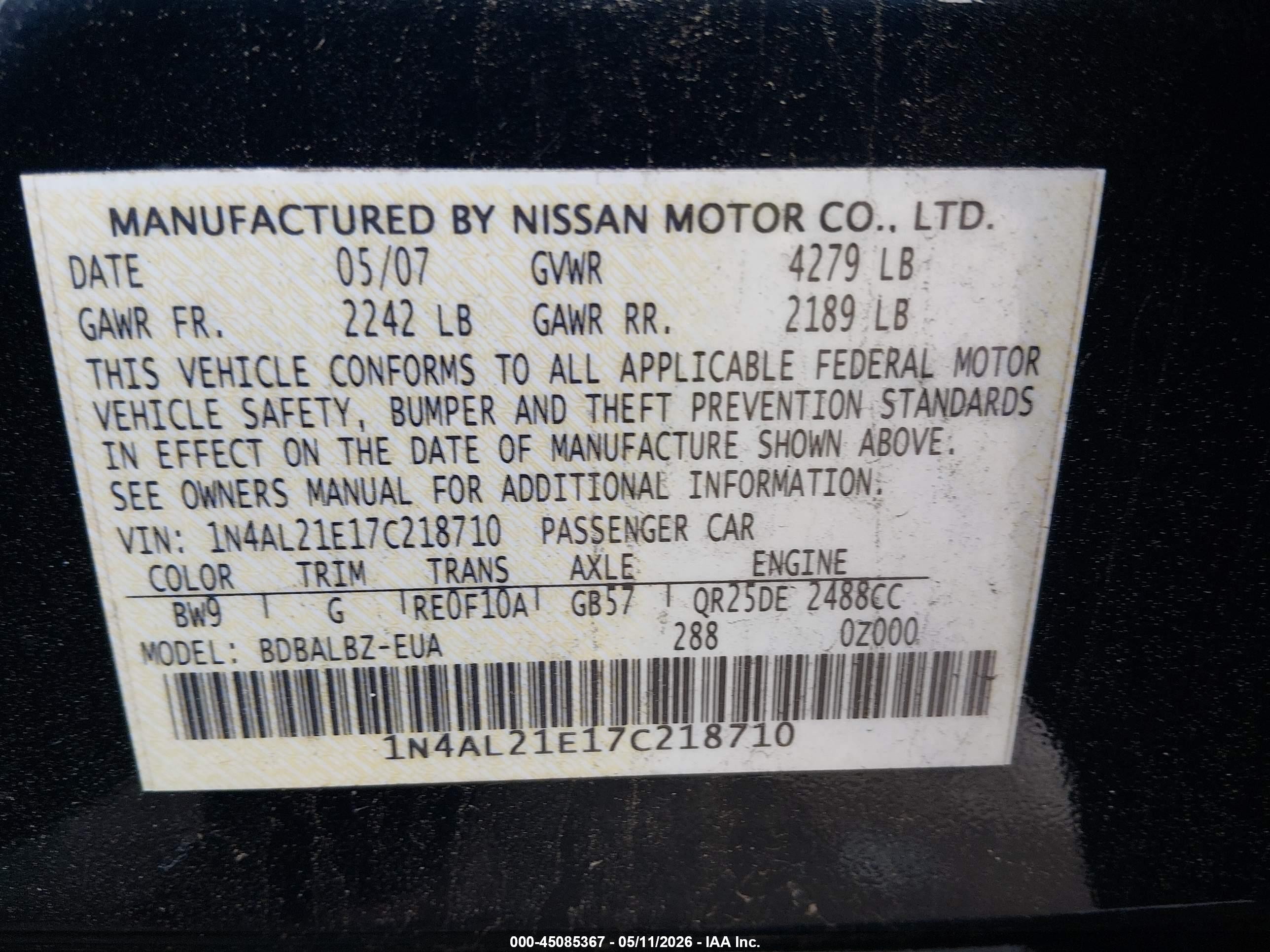 2007 Nissan Altima 2.5 S Blue vin: 1N4AL21E17C218710