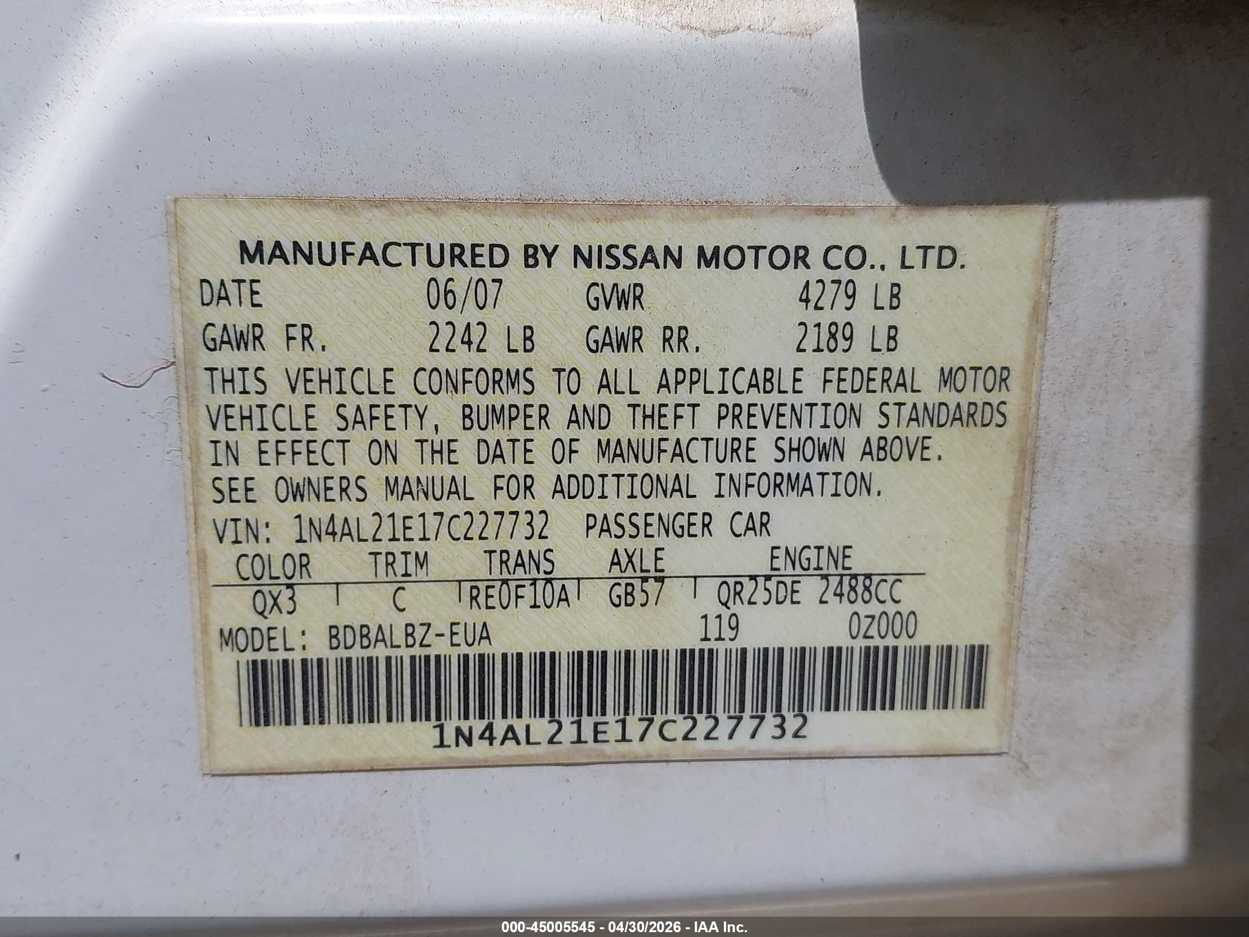 2007 Nissan Altima 2.5 S White vin: 1N4AL21E17C227732