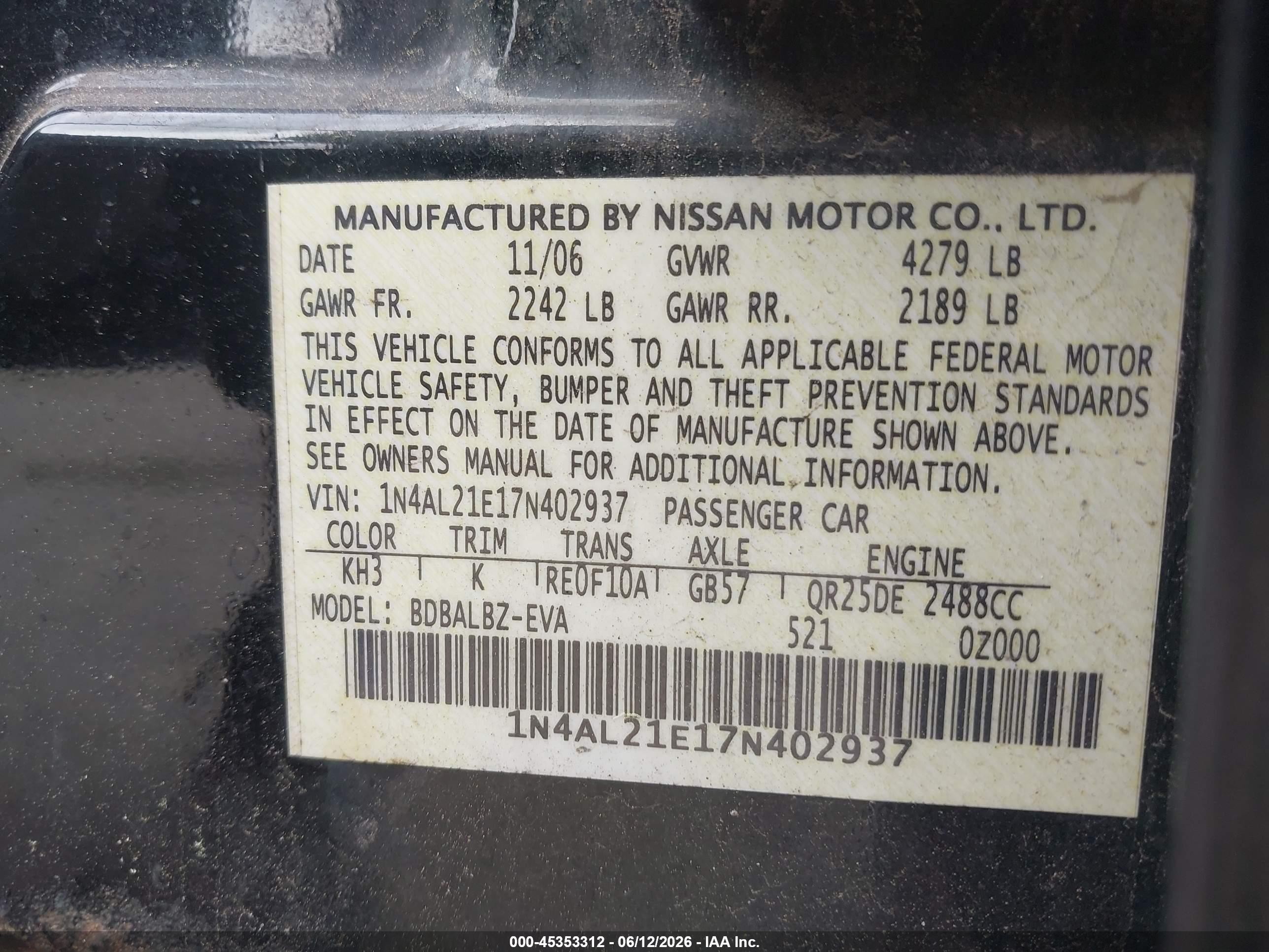 2007 Nissan Altima 2.5 S Black vin: 1N4AL21E17N402937