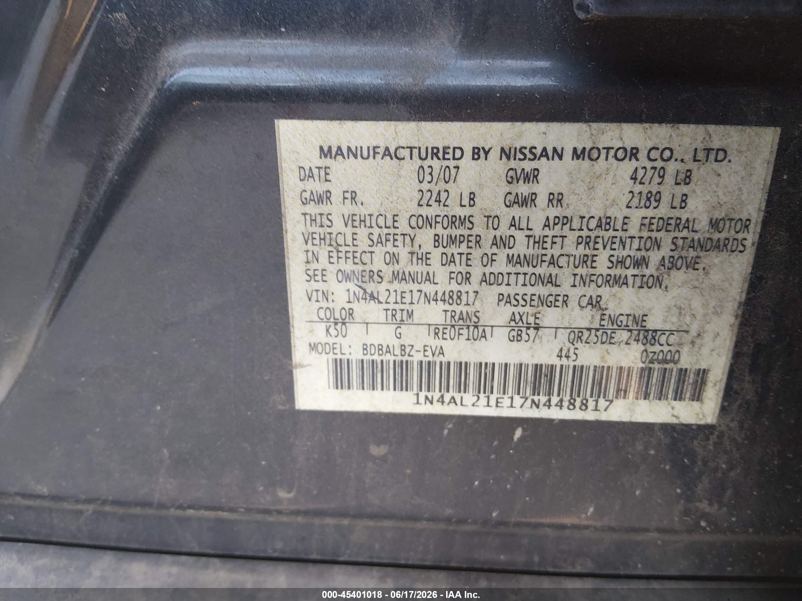 2007 Nissan Altima 2.5 S Gray vin: 1N4AL21E17N448817