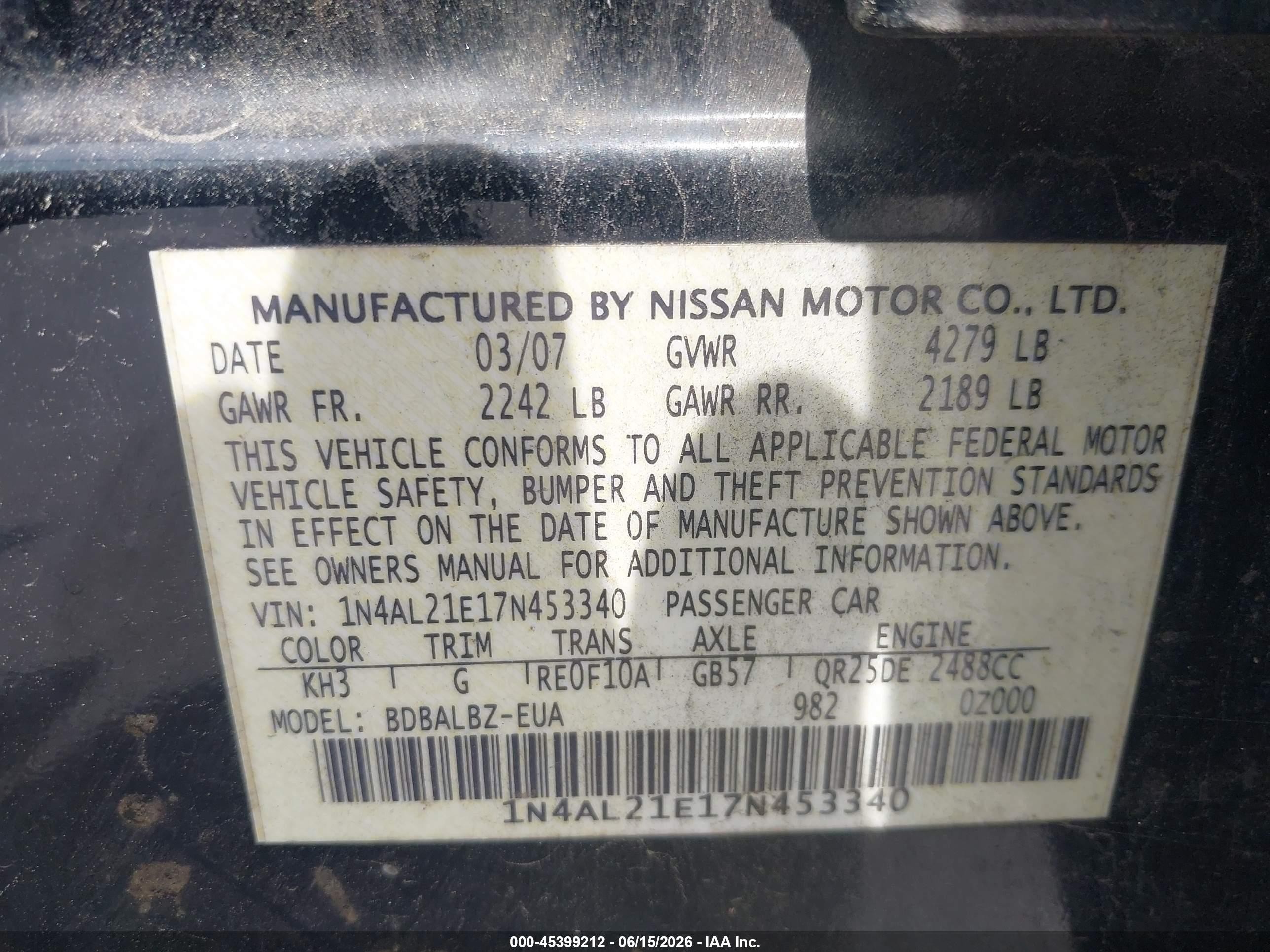 2007 Nissan Altima 2.5 S Black vin: 1N4AL21E17N453340