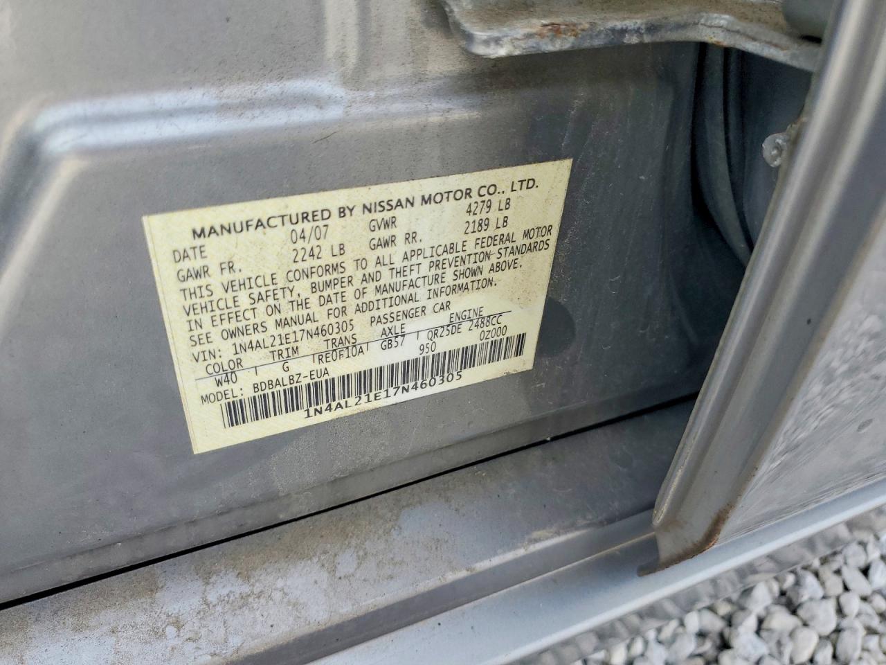 2007 Nissan Altima 2.5 Серебряный vin: 1N4AL21E17N460305