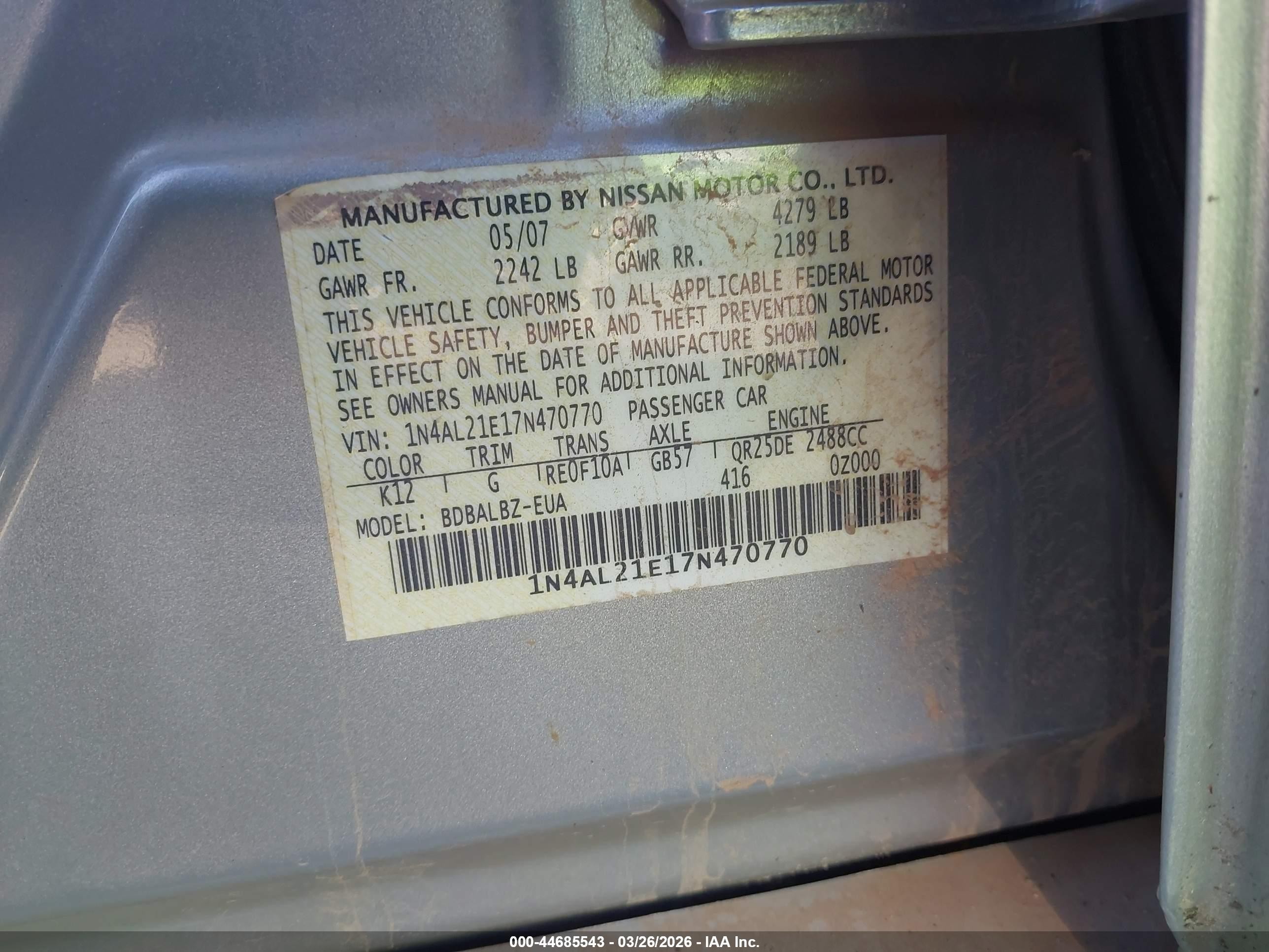2007 Nissan Altima 2.5 S Серебряный vin: 1N4AL21E17N470770