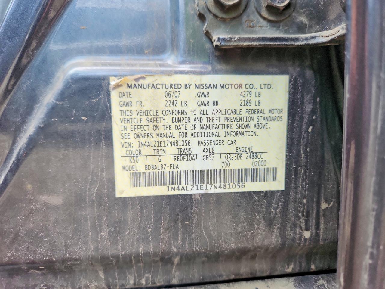 2007 Nissan Altima 2.5 Gray vin: 1N4AL21E17N481056