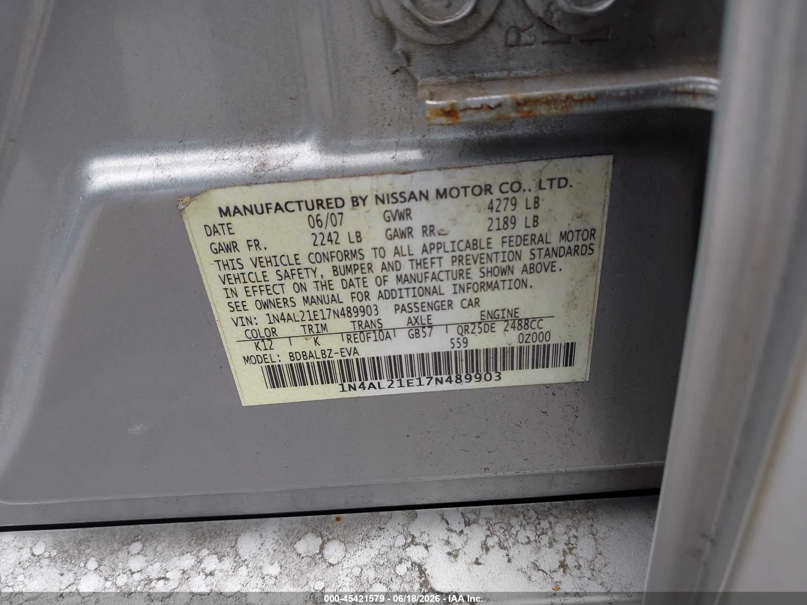 2007 Nissan Altima 2.5 S Silver vin: 1N4AL21E17N489903