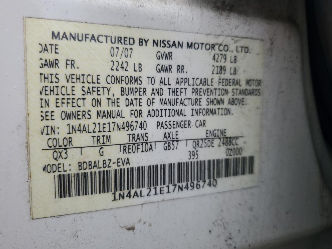 2007 Nissan Altima 2.5 Белый vin: 1N4AL21E17N496740