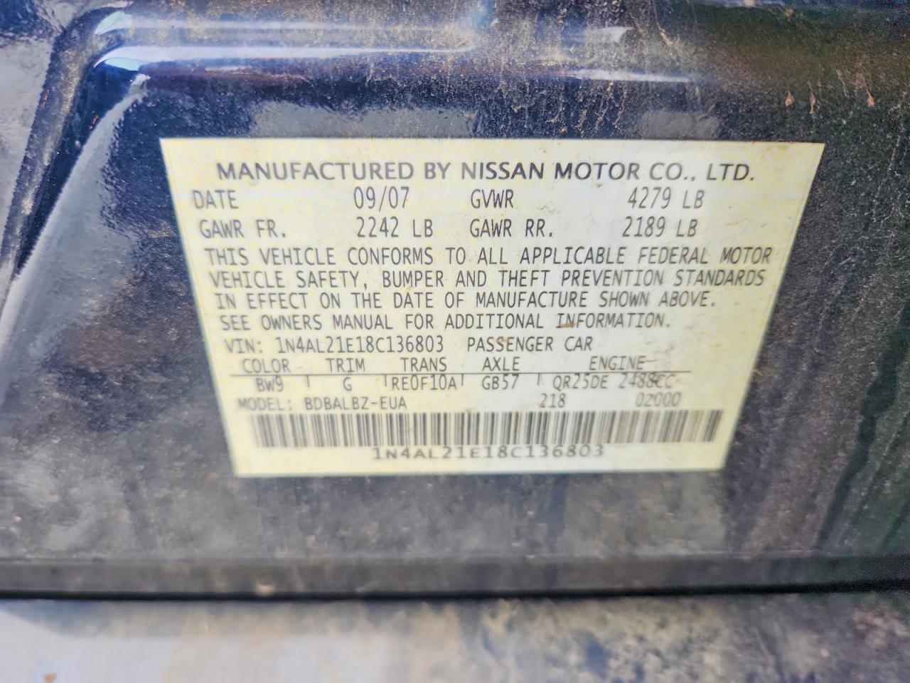 2008 Nissan Altima 2.5 Blue vin: 1N4AL21E18C136803