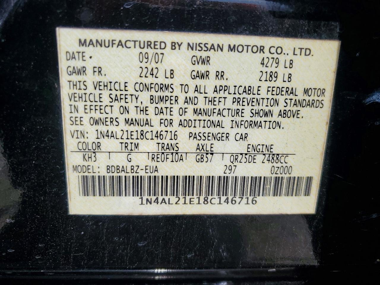 2008 Nissan Altima 2.5 Black vin: 1N4AL21E18C146716