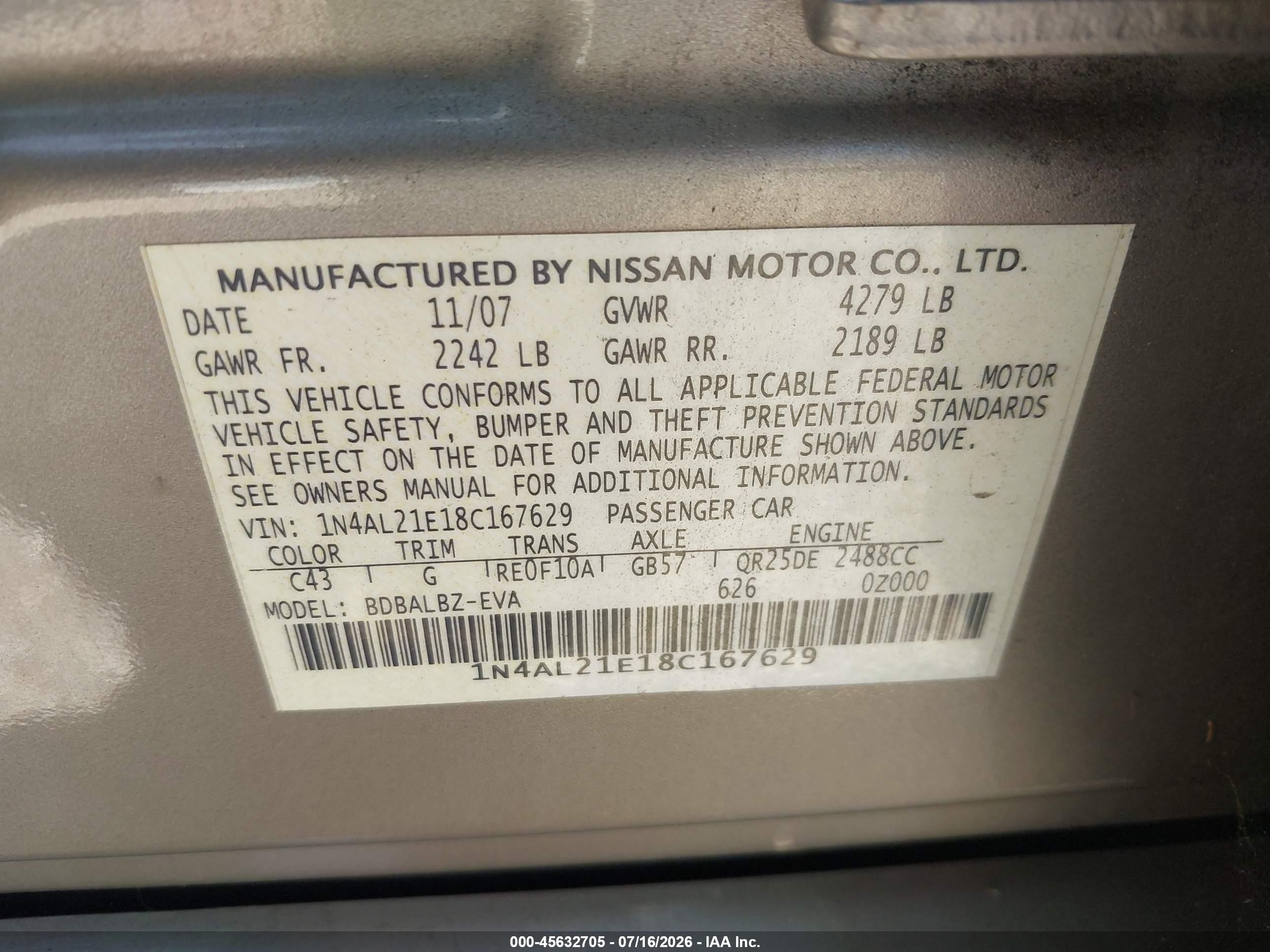 2008 Nissan Altima 2.5 S Black vin: 1N4AL21E18C167629