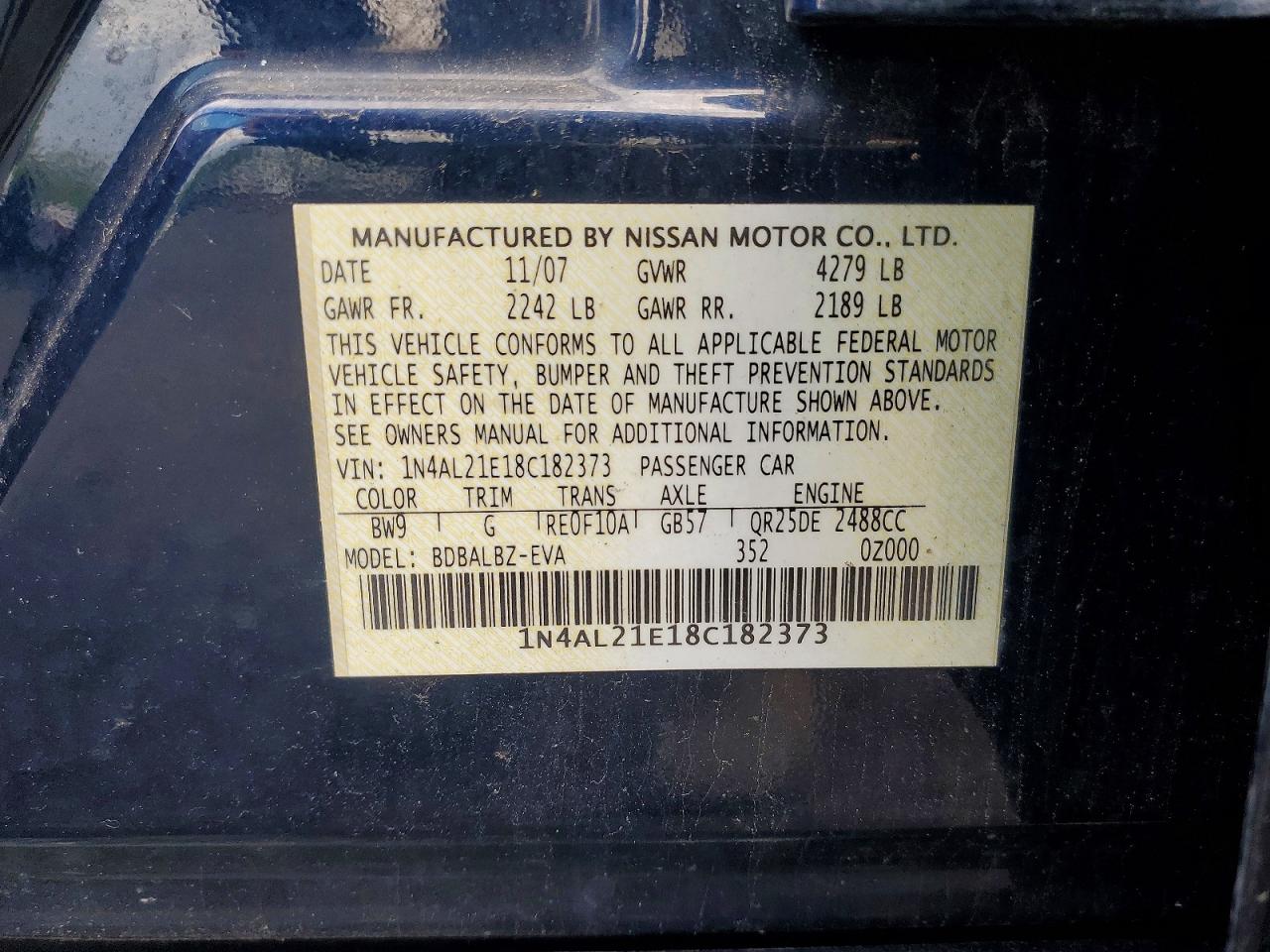 2008 Nissan Altima 2.5 Blue vin: 1N4AL21E18C182373