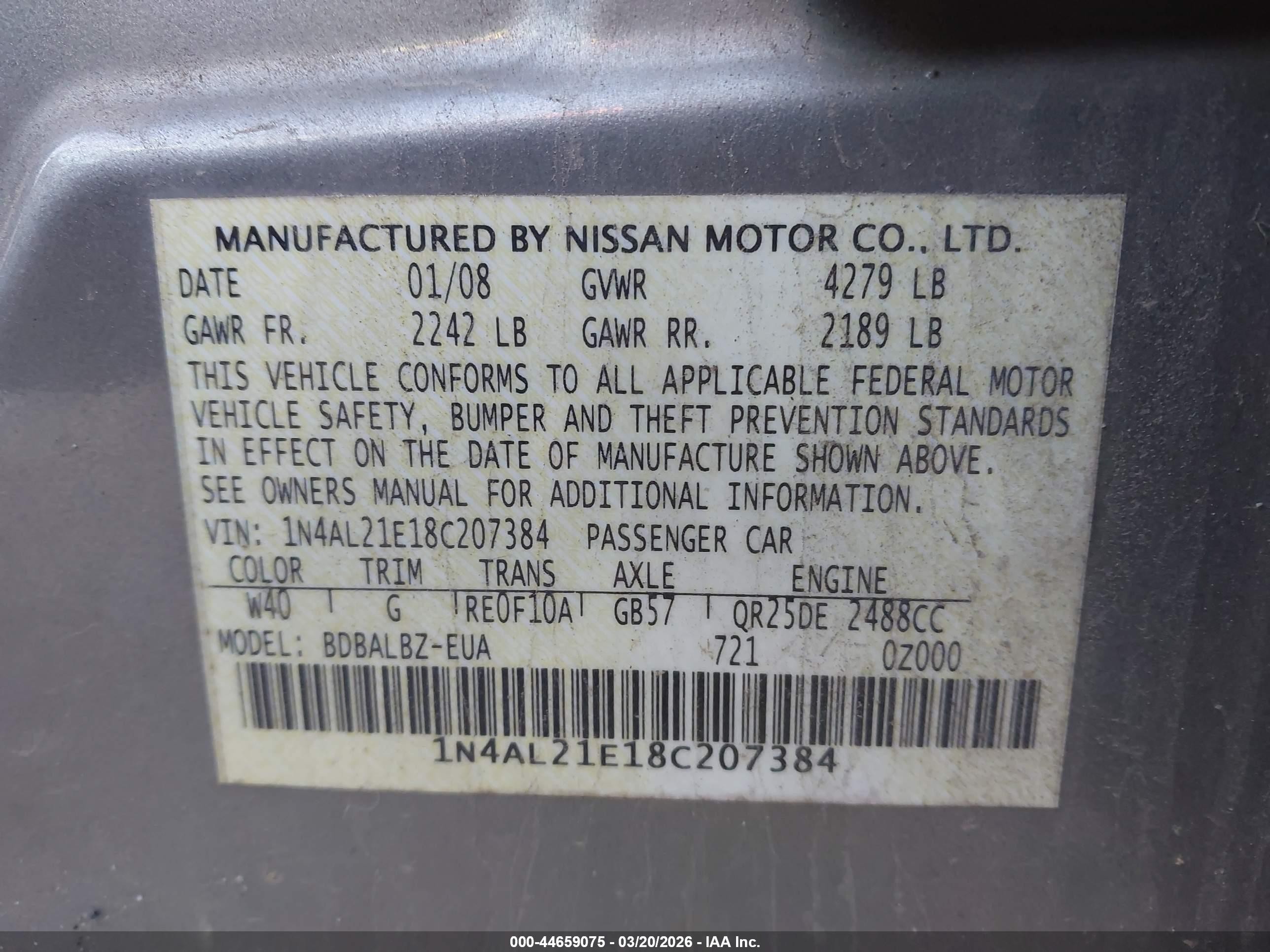2008 Nissan Altima 2.5 S Gray vin: 1N4AL21E18C207384