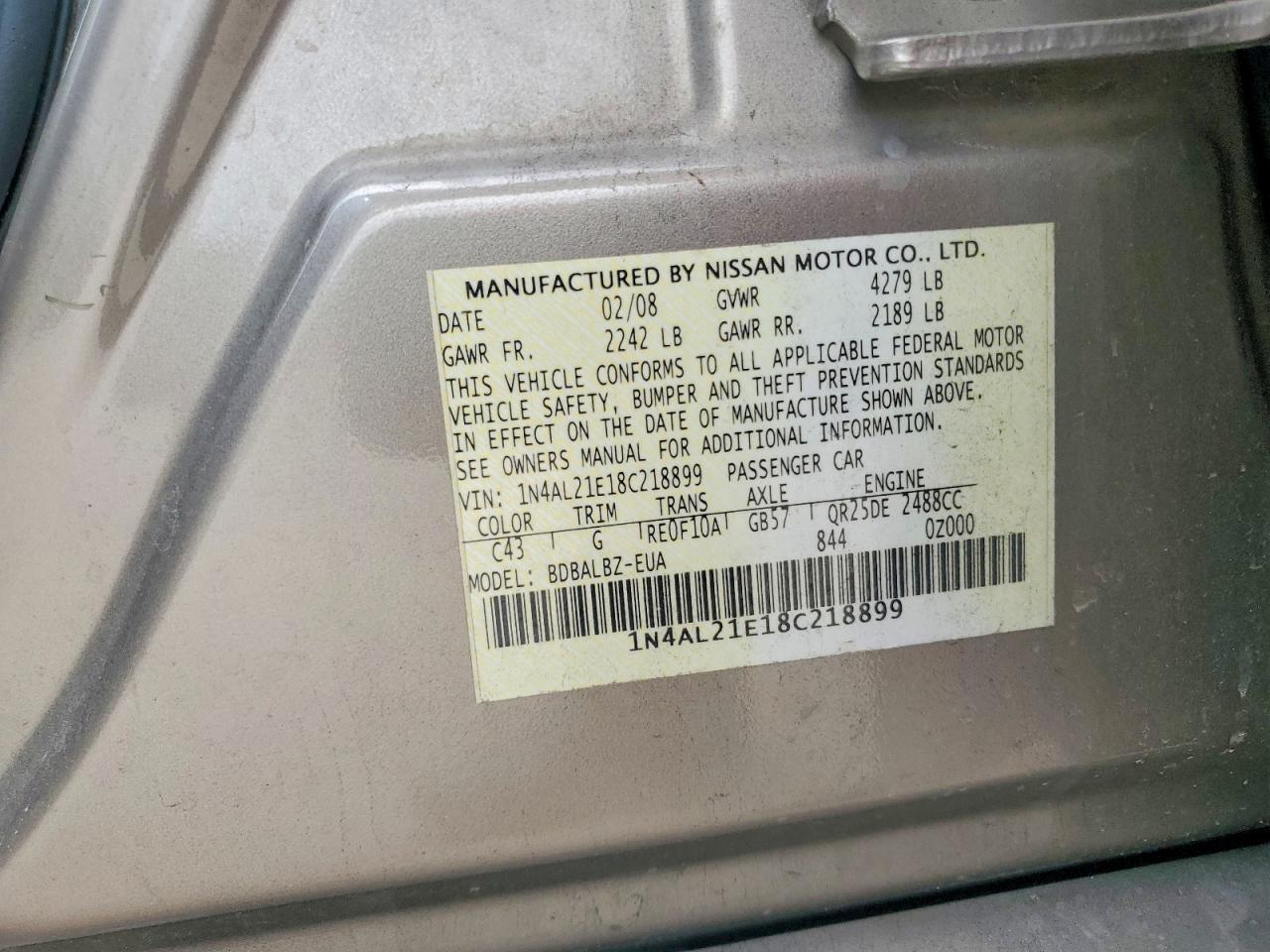 2008 Nissan Altima 2.5 Tan vin: 1N4AL21E18C218899