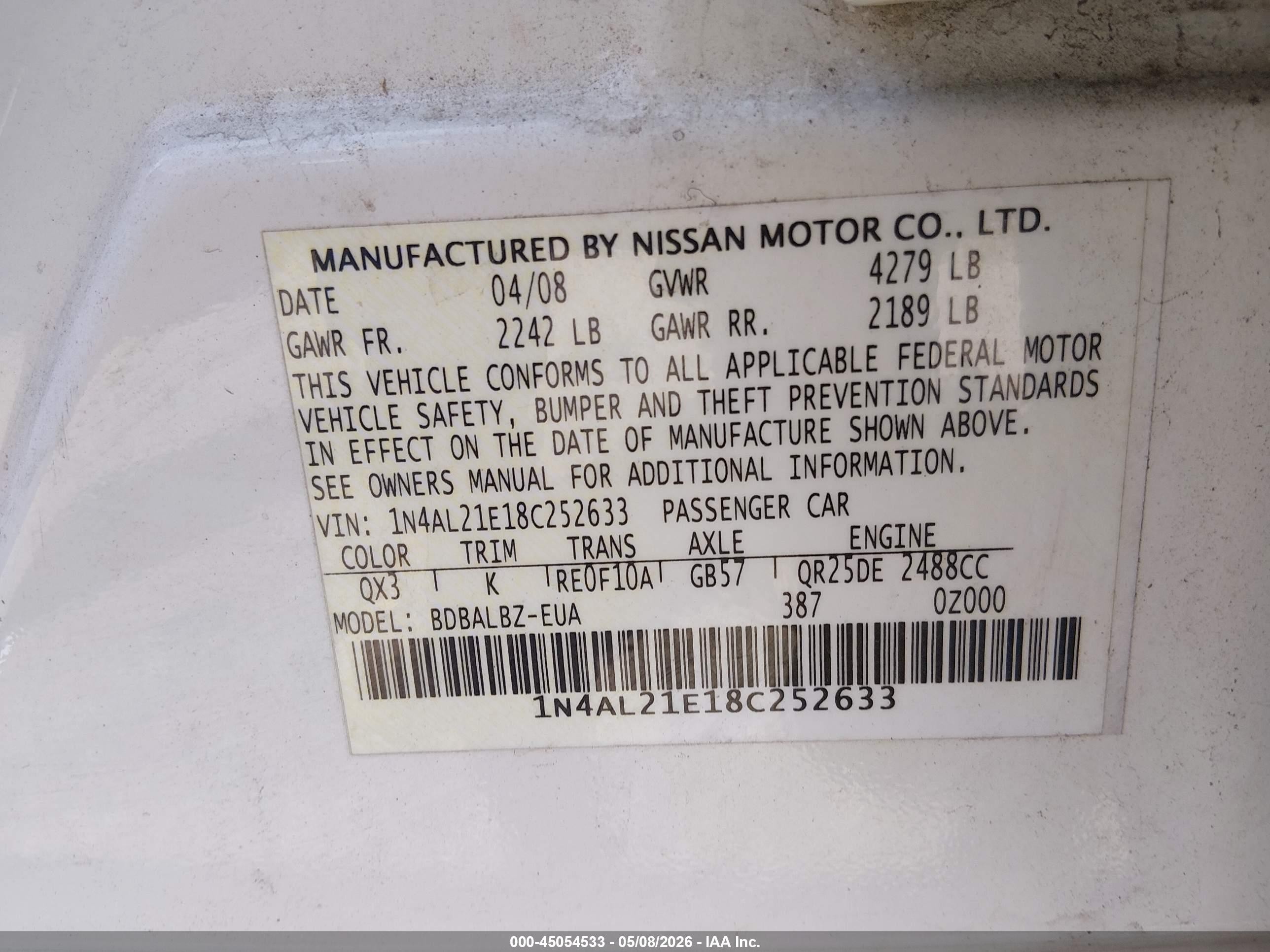 2008 Nissan Altima 2.5 S White vin: 1N4AL21E18C252633