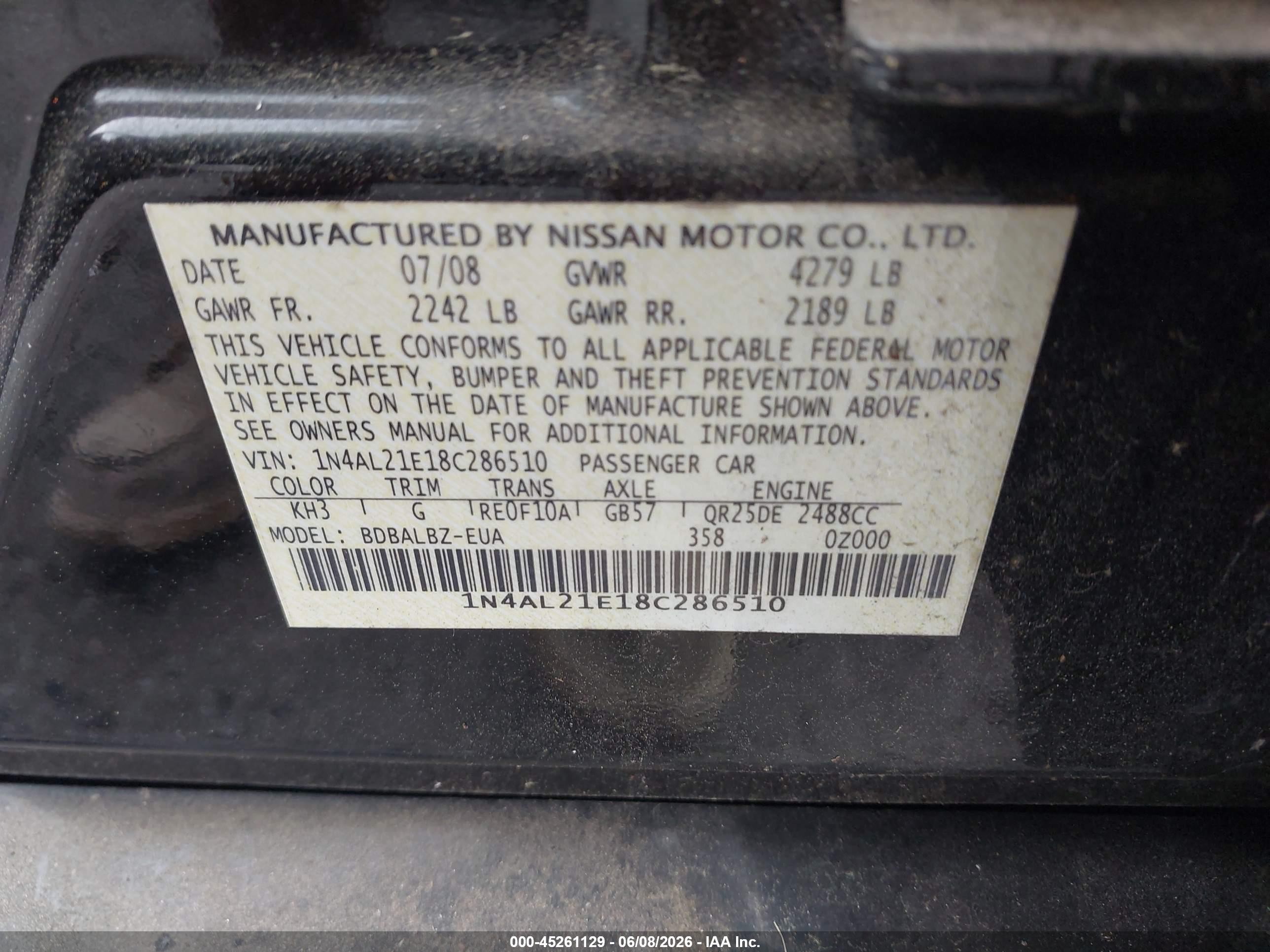 2008 Nissan Altima 2.5 S Black vin: 1N4AL21E18C286510