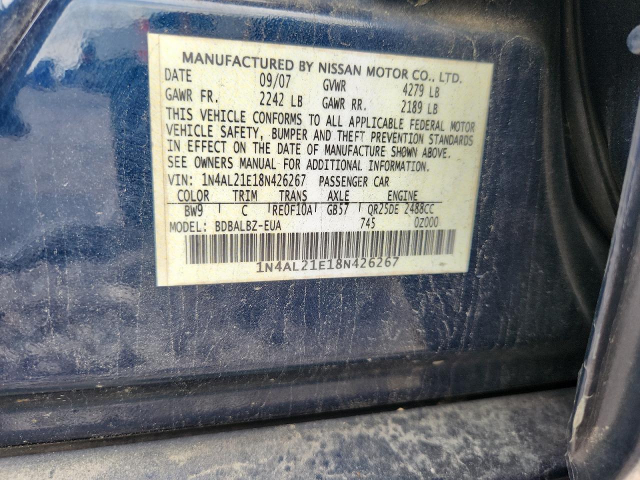 2008 Nissan Altima 2.5 Blue vin: 1N4AL21E18N426267