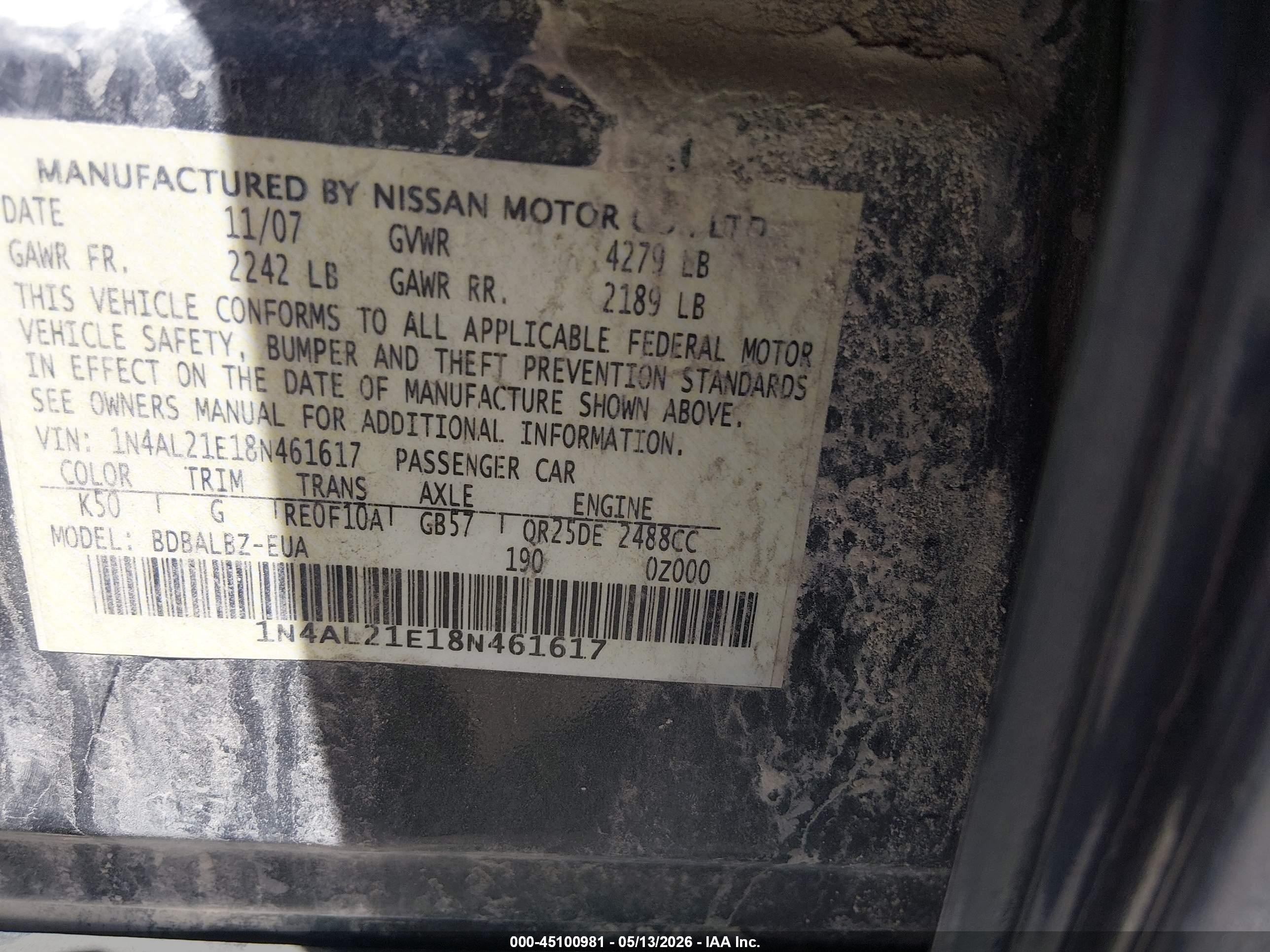 2008 Nissan Altima 2.5 S Gray vin: 1N4AL21E18N461617