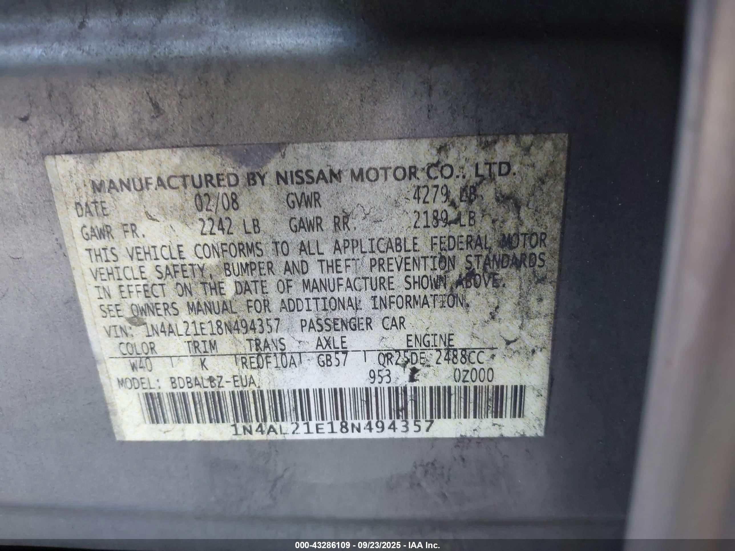 2008 Nissan Altima 2.5 S Light Blue vin: 1N4AL21E18N494357